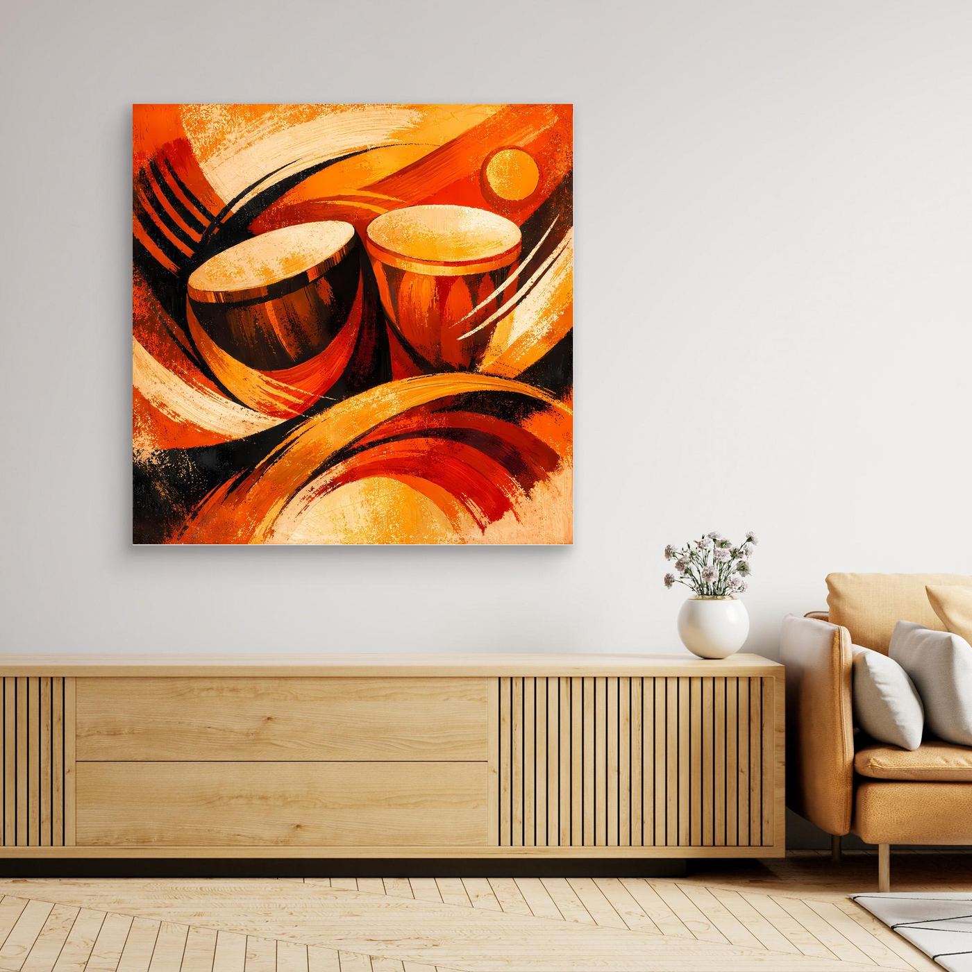 Abstraktes Leinwandbild mit Trommeln in warmem Orange-Rot, quadratisch, mit dunklem Rahmen