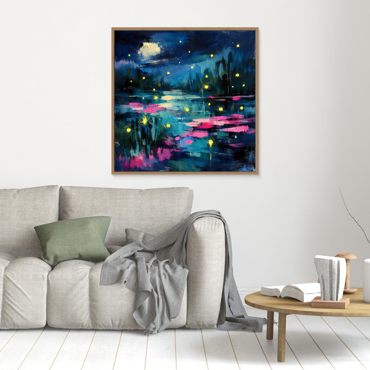 Small abstract night lake wall art with glowing fireflies and lily pads, blue and magenta reflections, wood frame