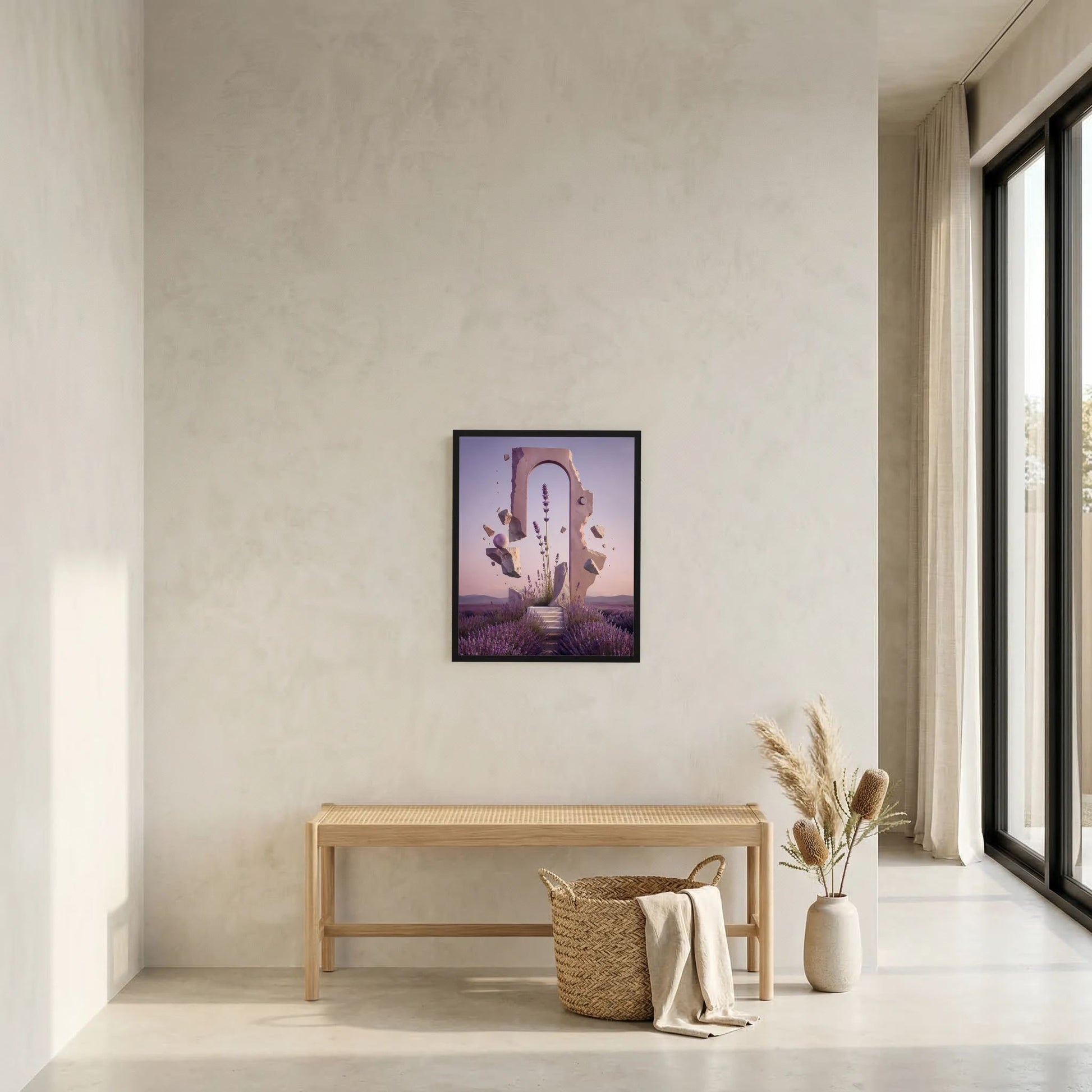 Hochformat-Poster mit schwarzem Rahmen: Lavendelportal mit Blumen und Treppe