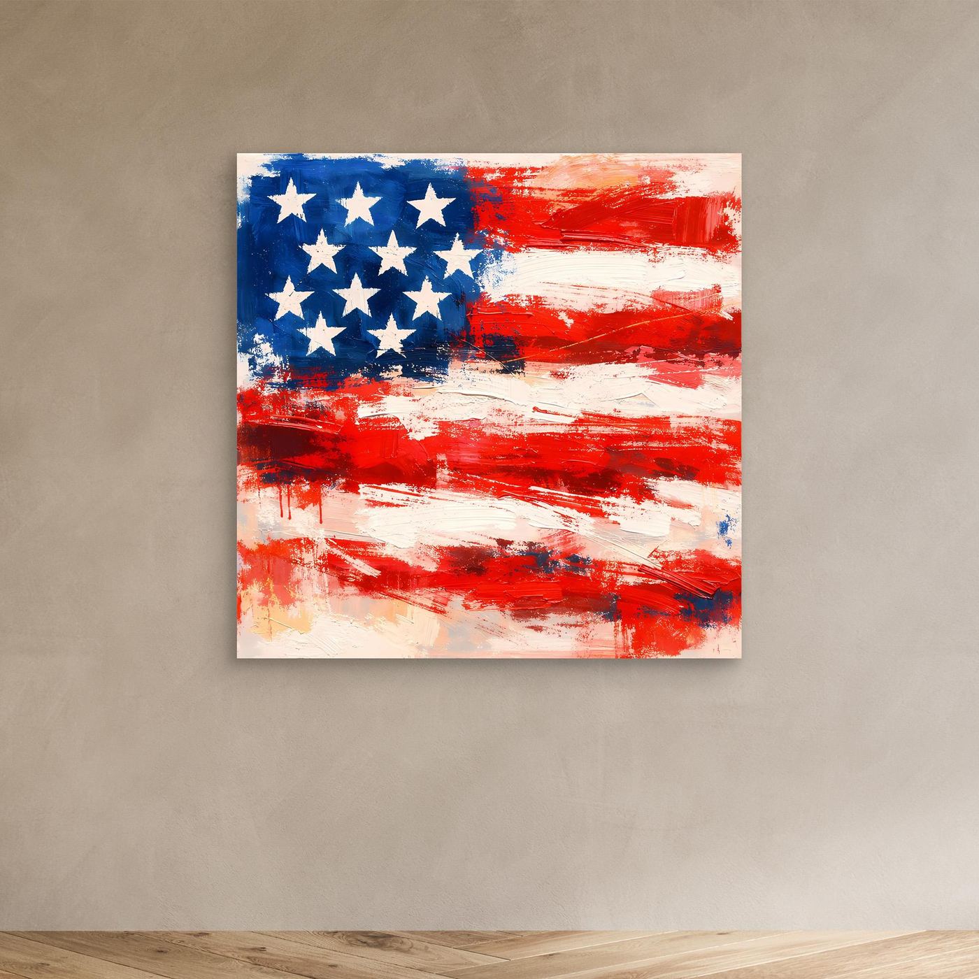 Abstract USA flag canvas wall art, blue stars and red/white brush stripes, thin light border