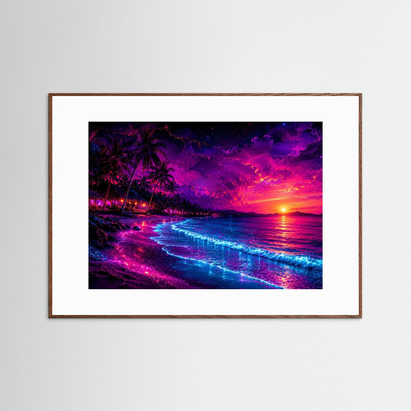 Neon Tropenparadies am Strand | Vibriendes Synthwave & Sunset Poster Querformat