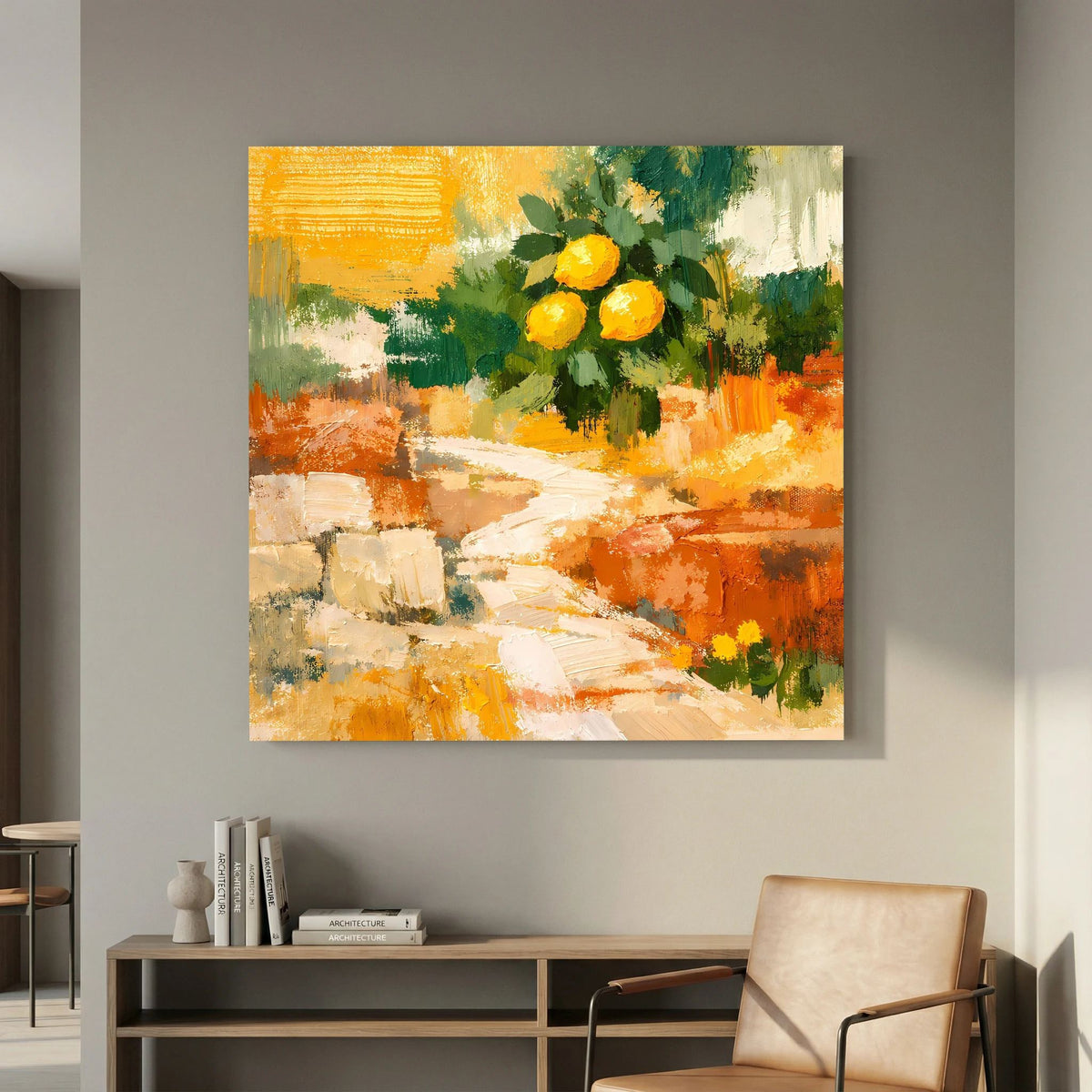 Wandbild mit Zitronenbouquet in Gelb auf abstraktem Weg aus hellen und orangefarbenen Flächen