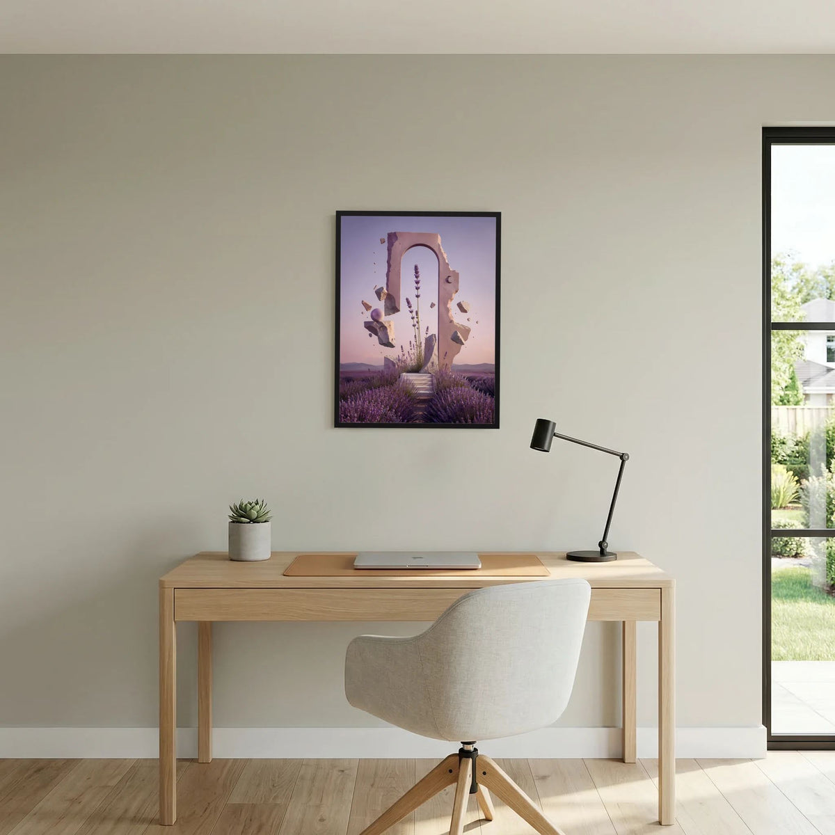 Gerahmter Hochformat-Druck: pastellige Landschaft mit violettem Lavendelfeld und Portal