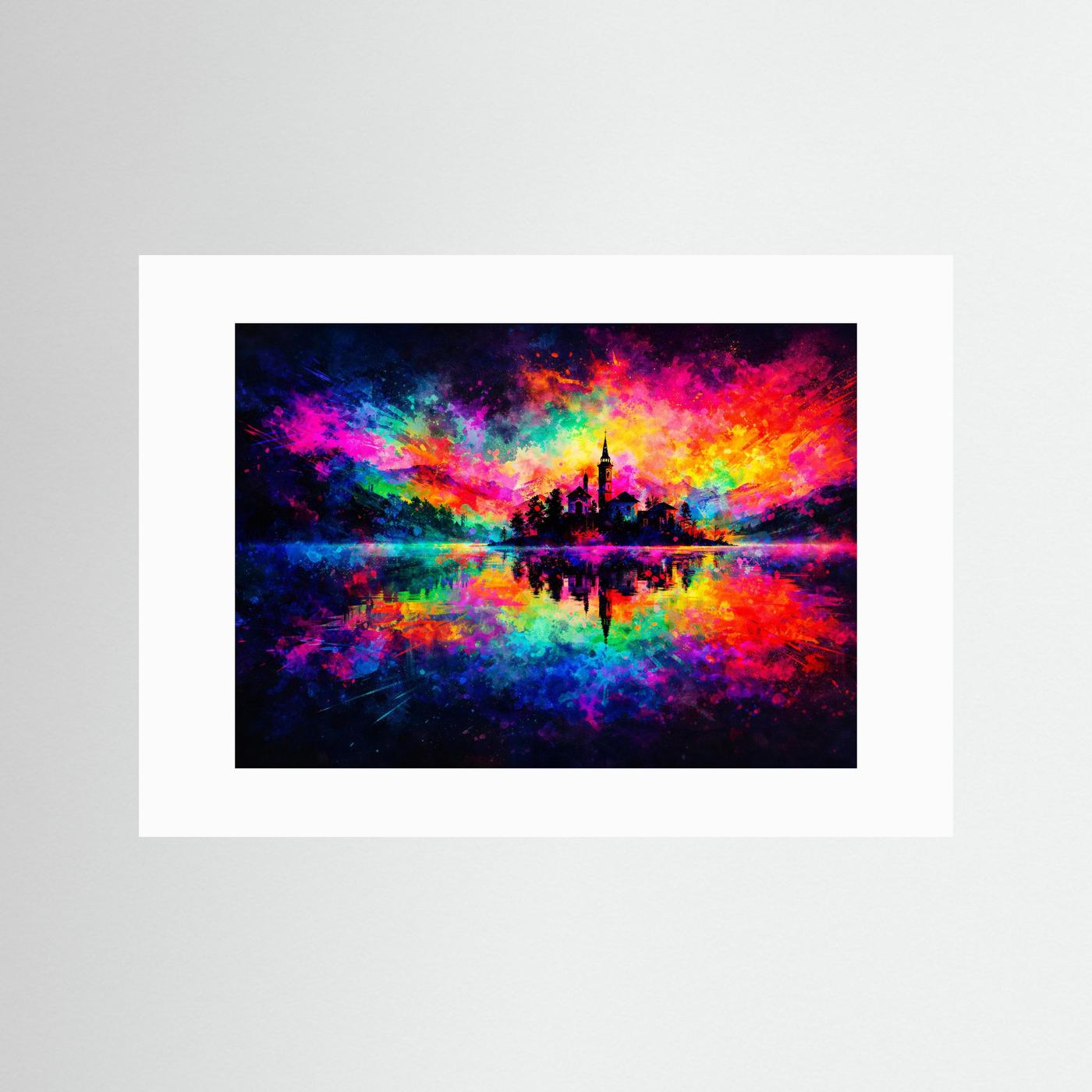 Bunte Insel im See Expressionismus | Farbgewaltiges Panorama Natur & Kunst Poster Querformat