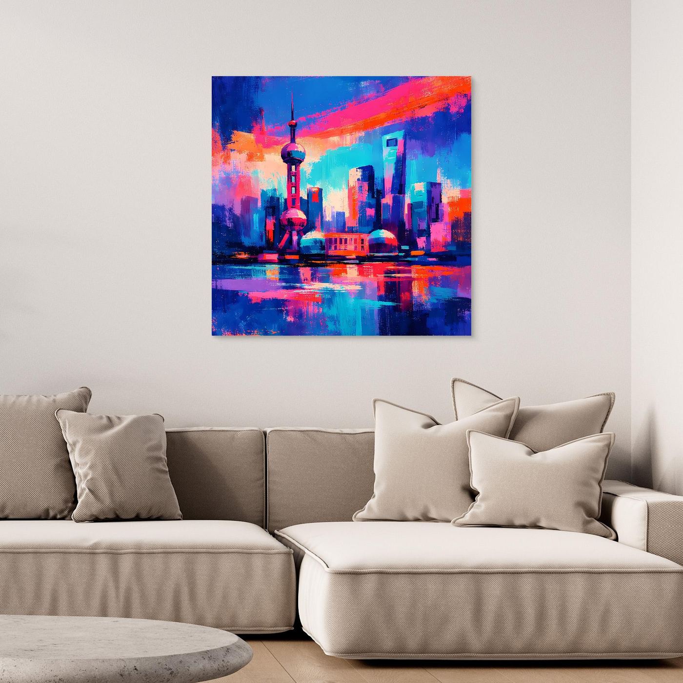 Quadratisches Leinwand-Wandbild mit abstrakter Neon-Skyline, blauem Himmel und Reflexionen