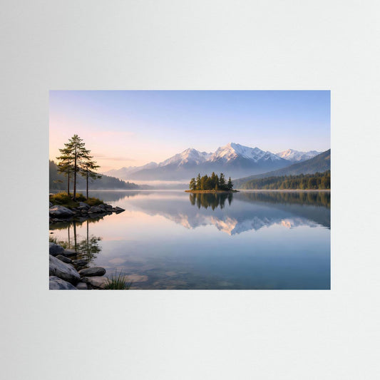 Querformat-Poster mit Bergsee-Panorama, Nebel und Bergen, ohne Rahmen.