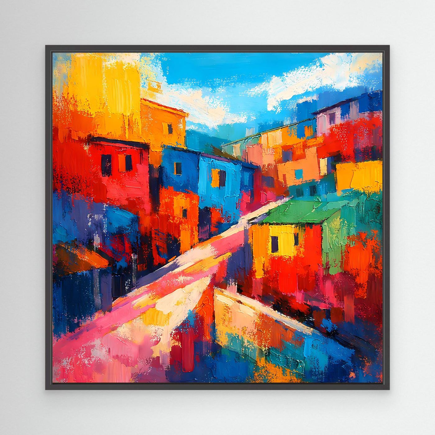 Abstraktes Favela-Wandbild auf Leinwand mit schwarzem Rahmen: farbenfrohe Häuser und Weg