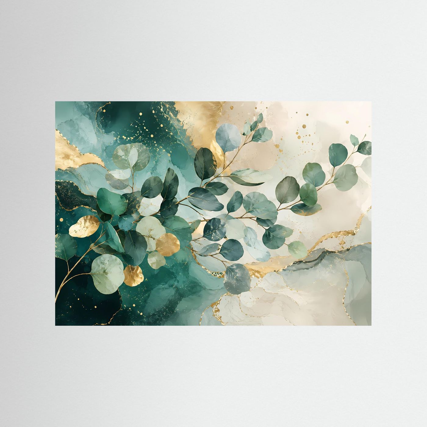 Eukalyptus Blätter Poster Querformat | Abstrakte Botanische Wandkunst in Grün & Gold | Modernes Natur Wandbild