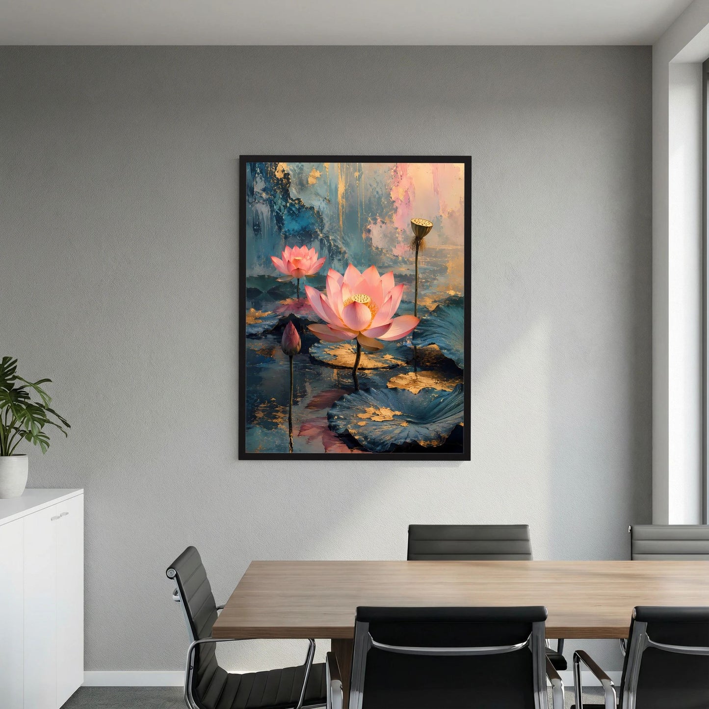 Gerahmtes Wandposter im Hochformat mit rosa Lotusblüten auf türkisfarbenem Wasser und Goldakzenten
