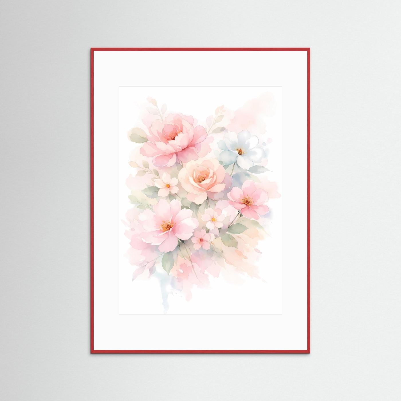 Gerahmtes Blumenposter im Aquarellstil mit rosa Blüten und weißem Passepartout