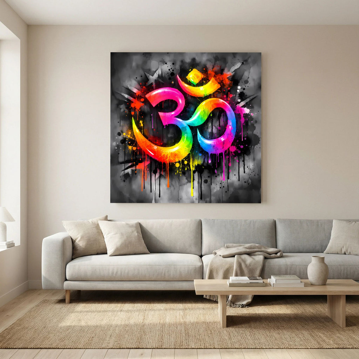 Keilrahmen-Leinwandbild mit Om-Symbol in bunten Farben und Spritzdekor auf Grau