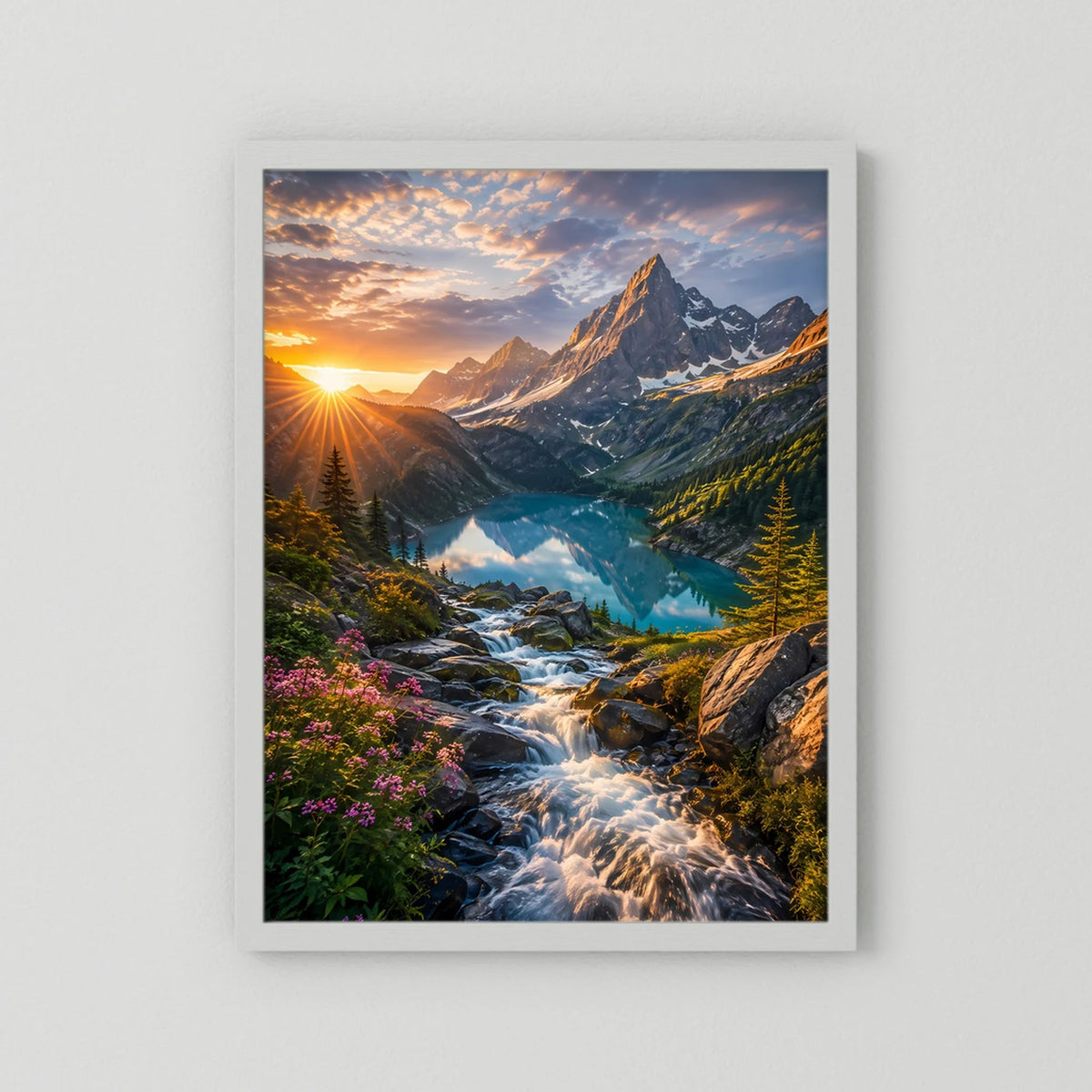 Vertikales Poster mit Berglandschaft, türkisfarbenem See und Wasserfall, weißer Rahmen