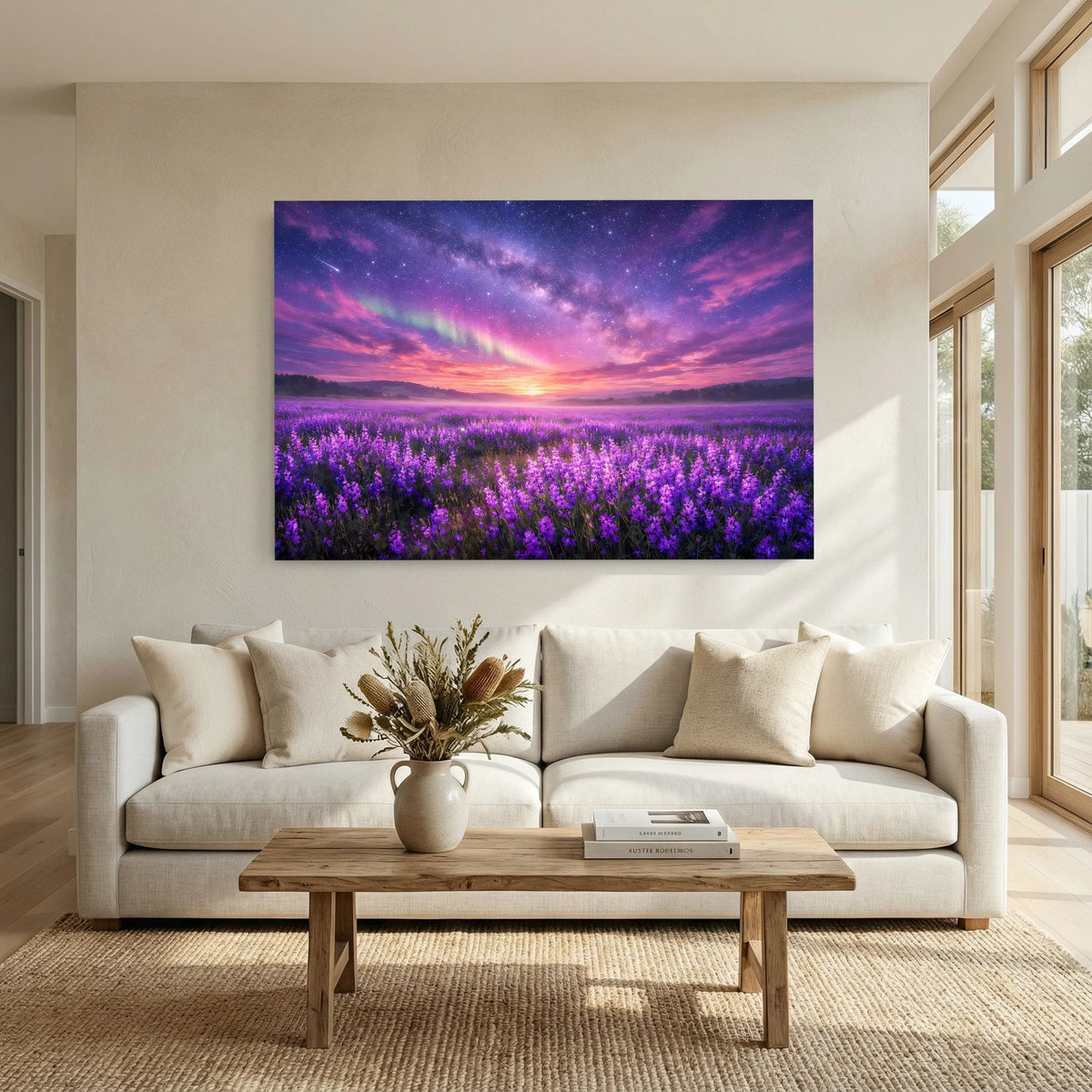 Querformatiges Wandbild mit Lavendelfeld und Sternenhimmel bei Sonnenuntergang am Horizont
