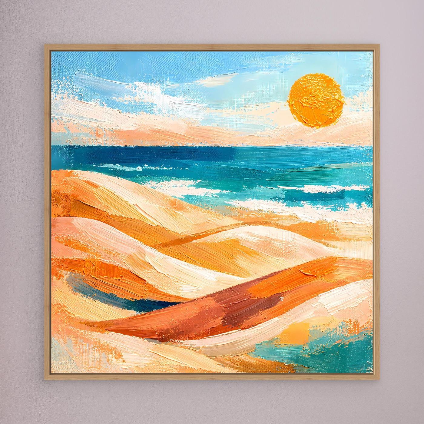 Leinwand-Wandbild mit abstrakten Dünen und Meer, gelbe Sonne, heller Holzrahmen