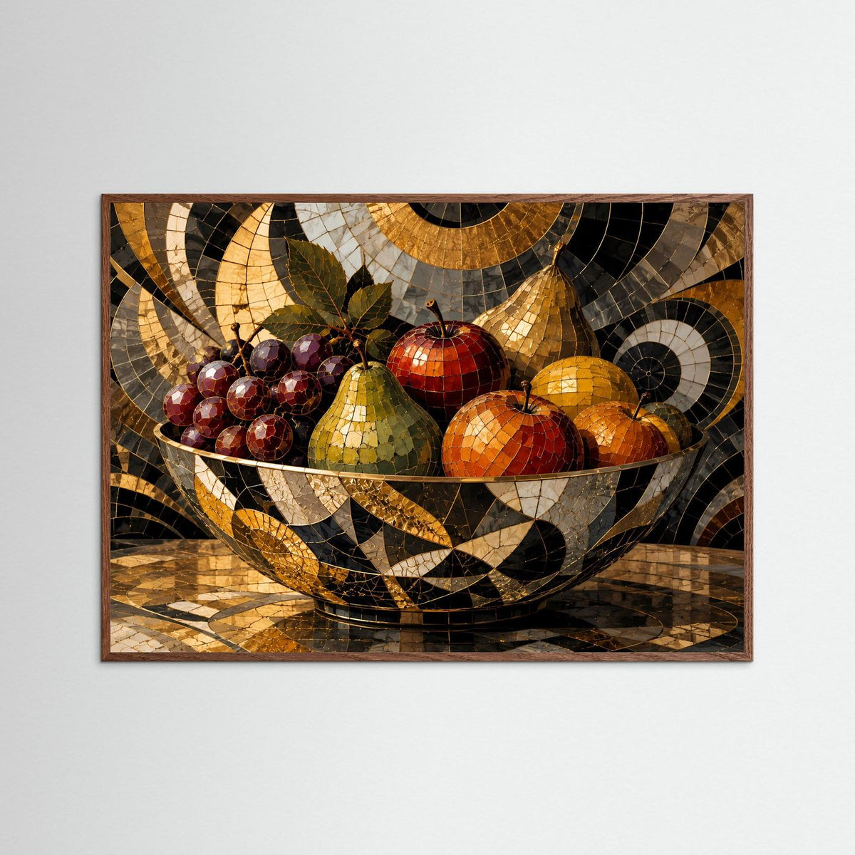Mosaik-Obststillleben mit dunklem Eichenrahmen; Obstschale mit Trauben, Äpfeln und Birnen
