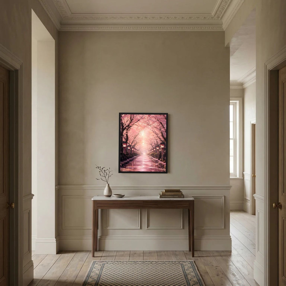 Wandposter im schwarzen Rahmen: Kirschblütenallee in Rosa mit beleuchteter Allee
