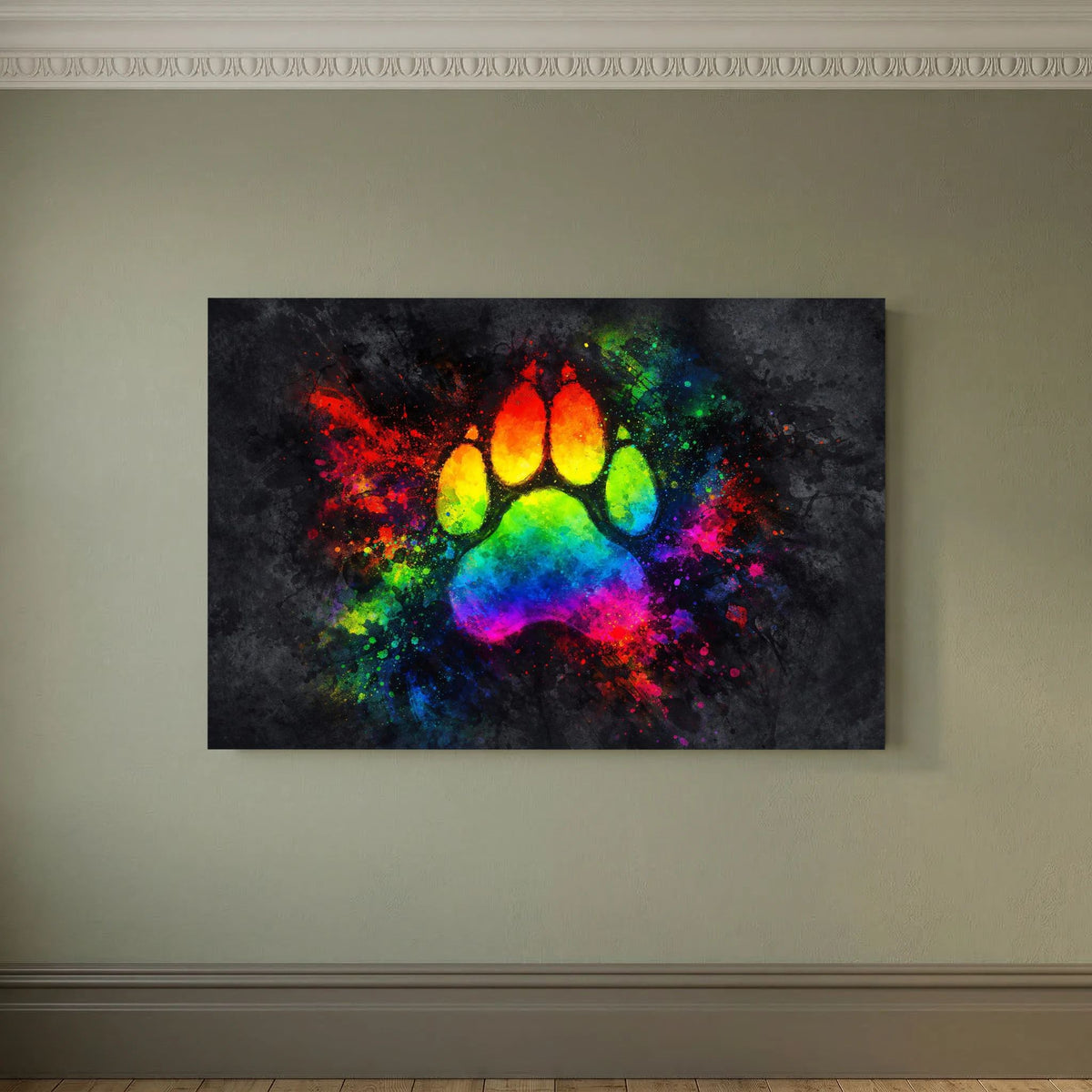 Wandbild-Print mit Pfotenabdruck in Regenbogenfarben, kontrastreiche Farbkleckse