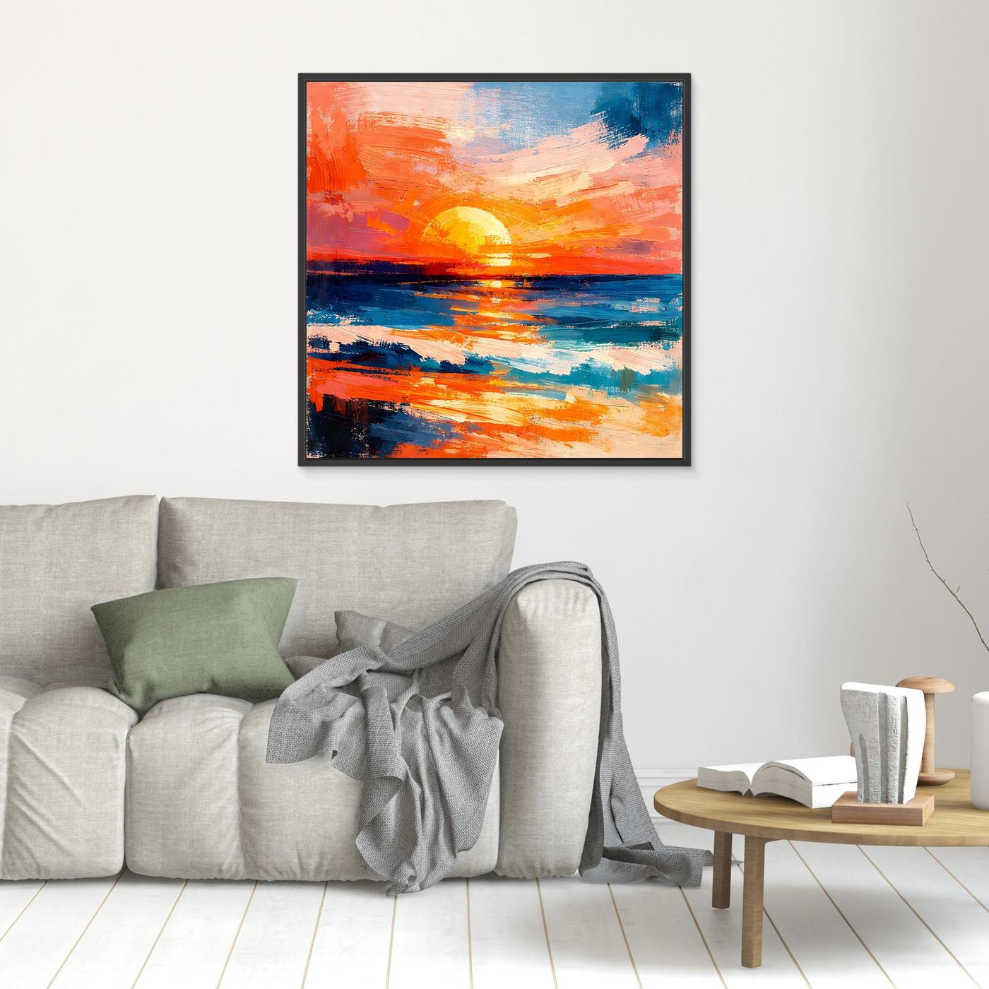Framed abstract ocean canvas with orange sunset, blue water, and rippling reflections