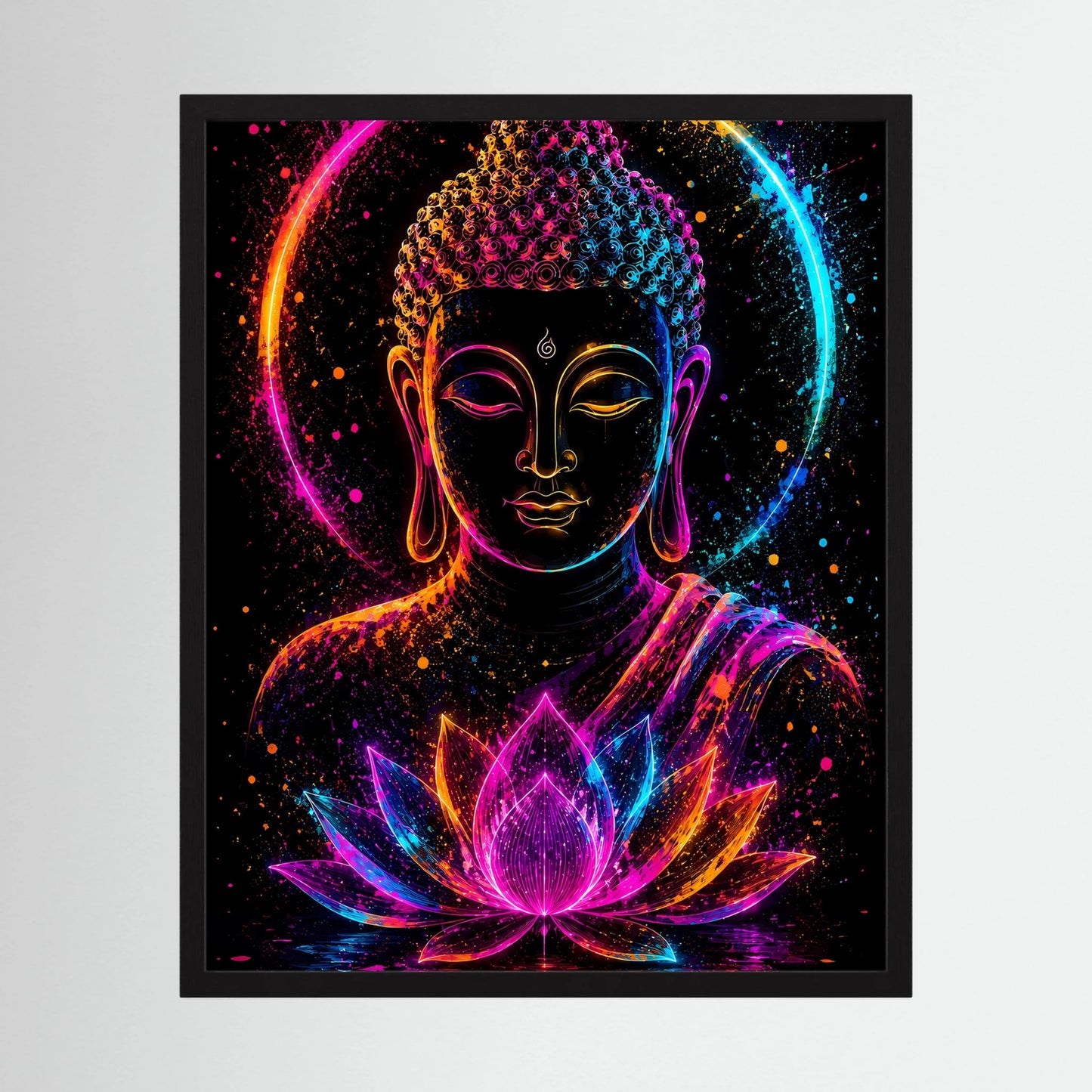 Neon-Buddha-Poster mit Lotusblüte im schwarzen Rahmen, leuchtende Farben