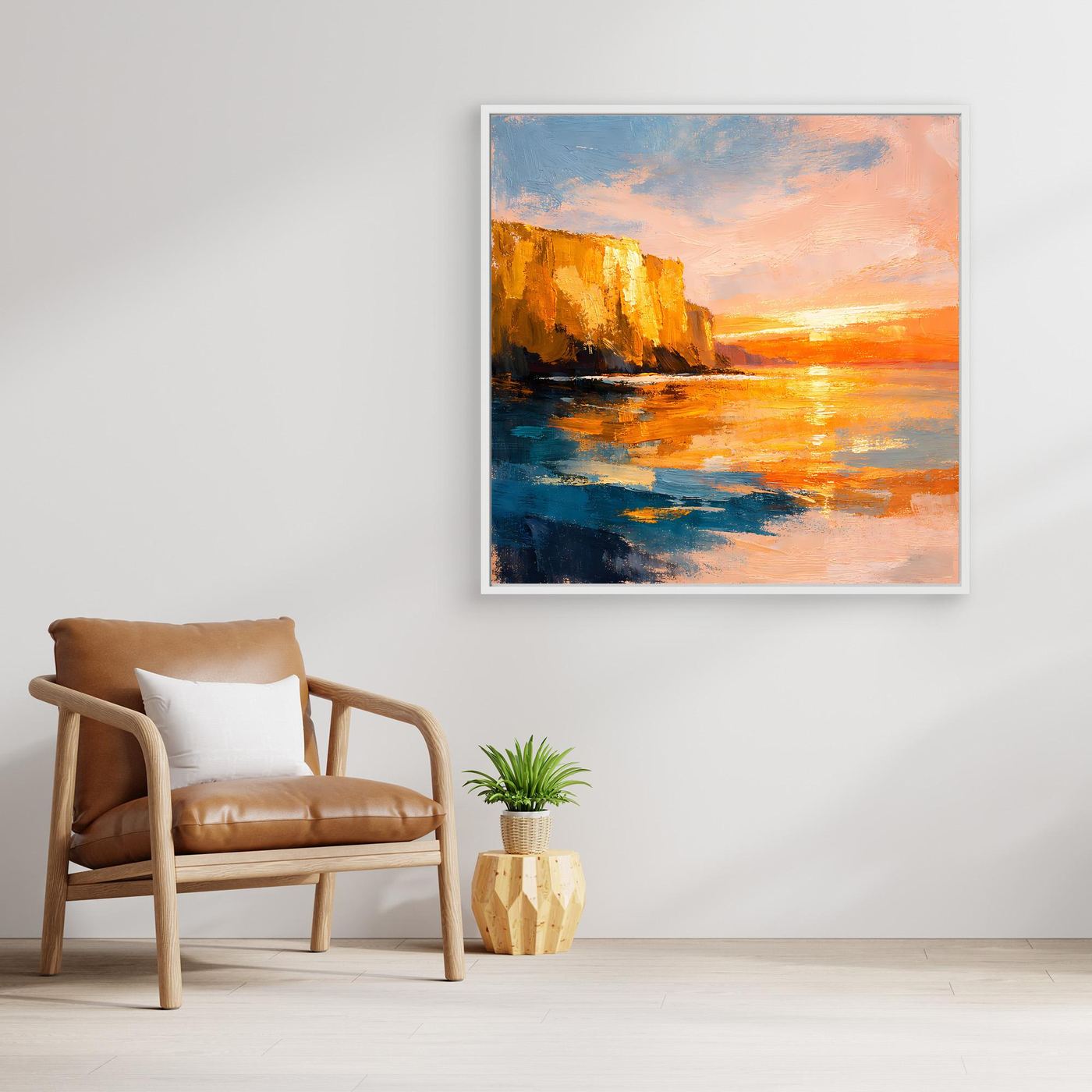 Leinwand Goldener Sonnenuntergang an der Steilküste | Abstraktes Meeres Wandbild