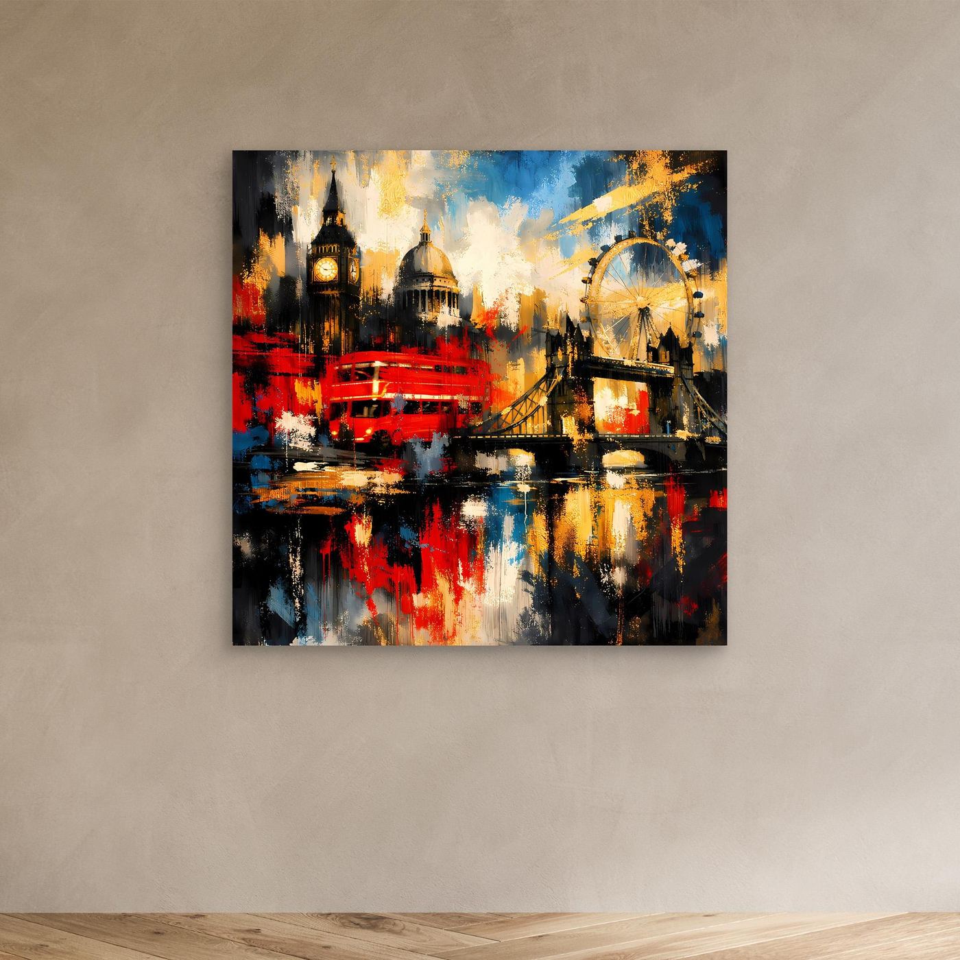 Leinwandbild abstrakte London-Skyline, bunt mit rotem Bus und Riesenrad, ohne sichtbaren Rahmen