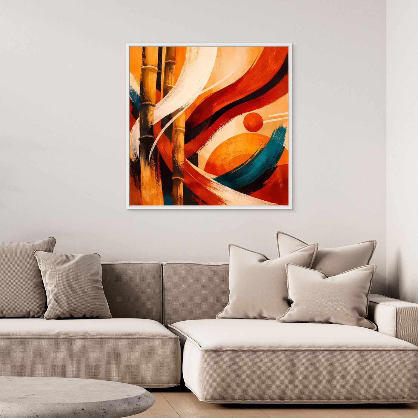 Abstraktes Bambus-Leinwandbild mit dunklem Rahmen, warme Orange- und Rottöne mit Grün