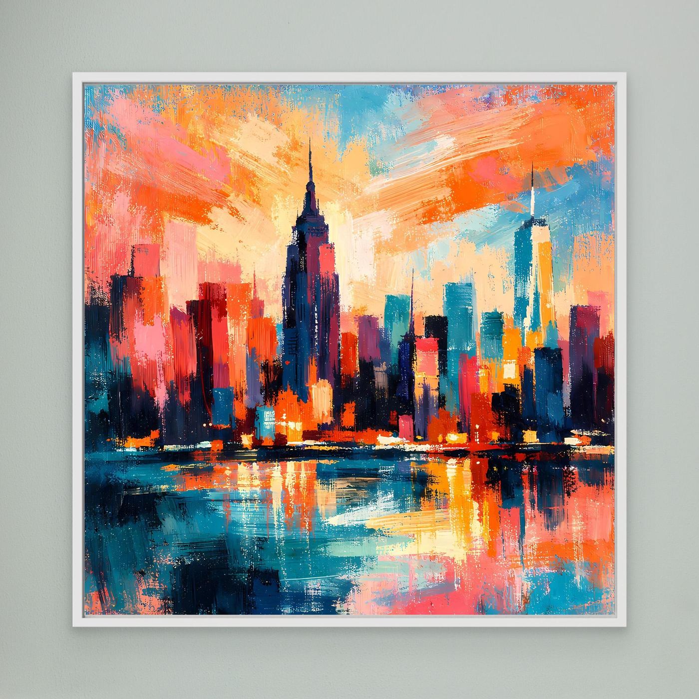 Gerahmtes Leinwandbild Skyline mit Spiegelung, orange und blau, weißer Rahmen