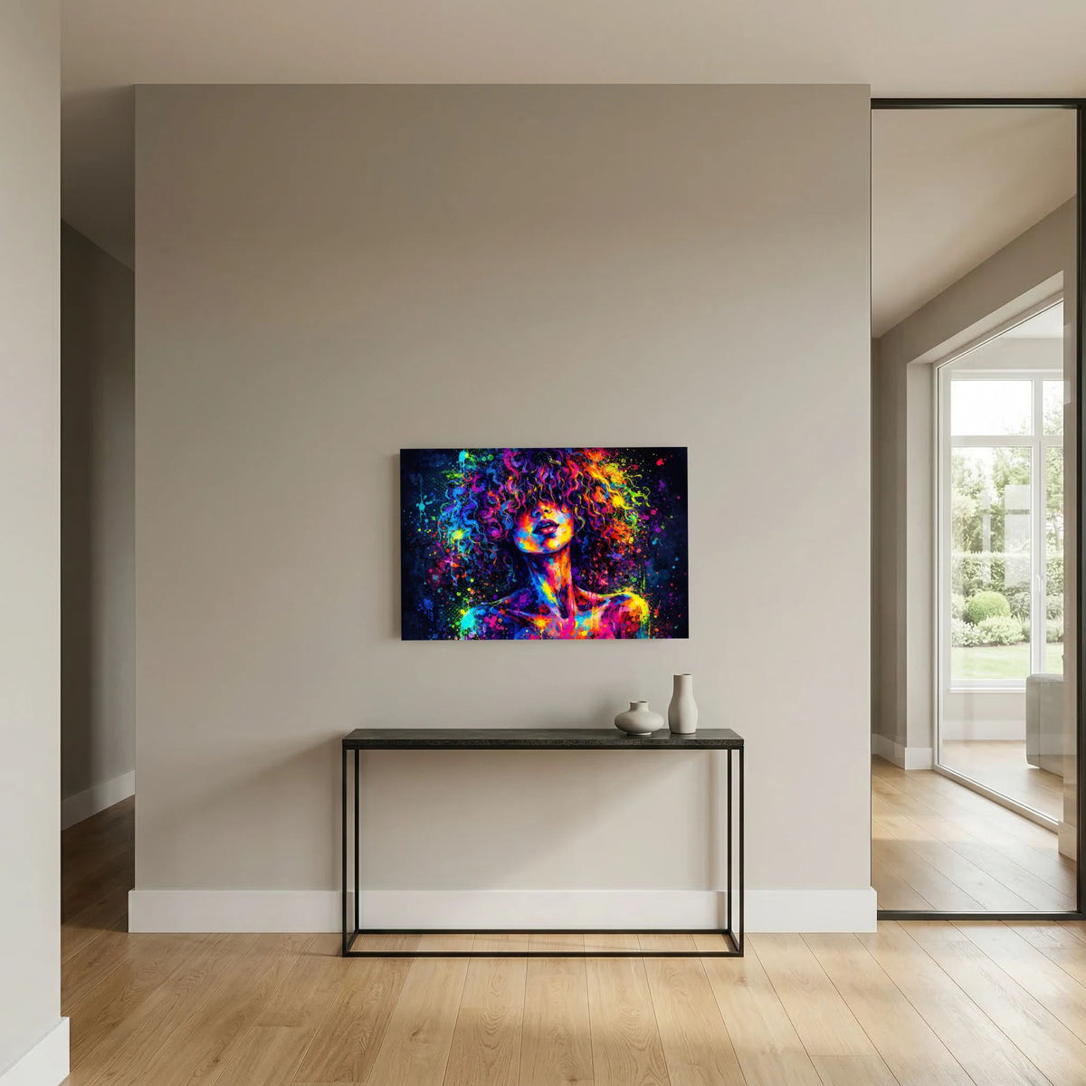 Neonfarbenes Wandbild mit abstrakter Frauenbüste, schwarzer Rahmen, Querformat