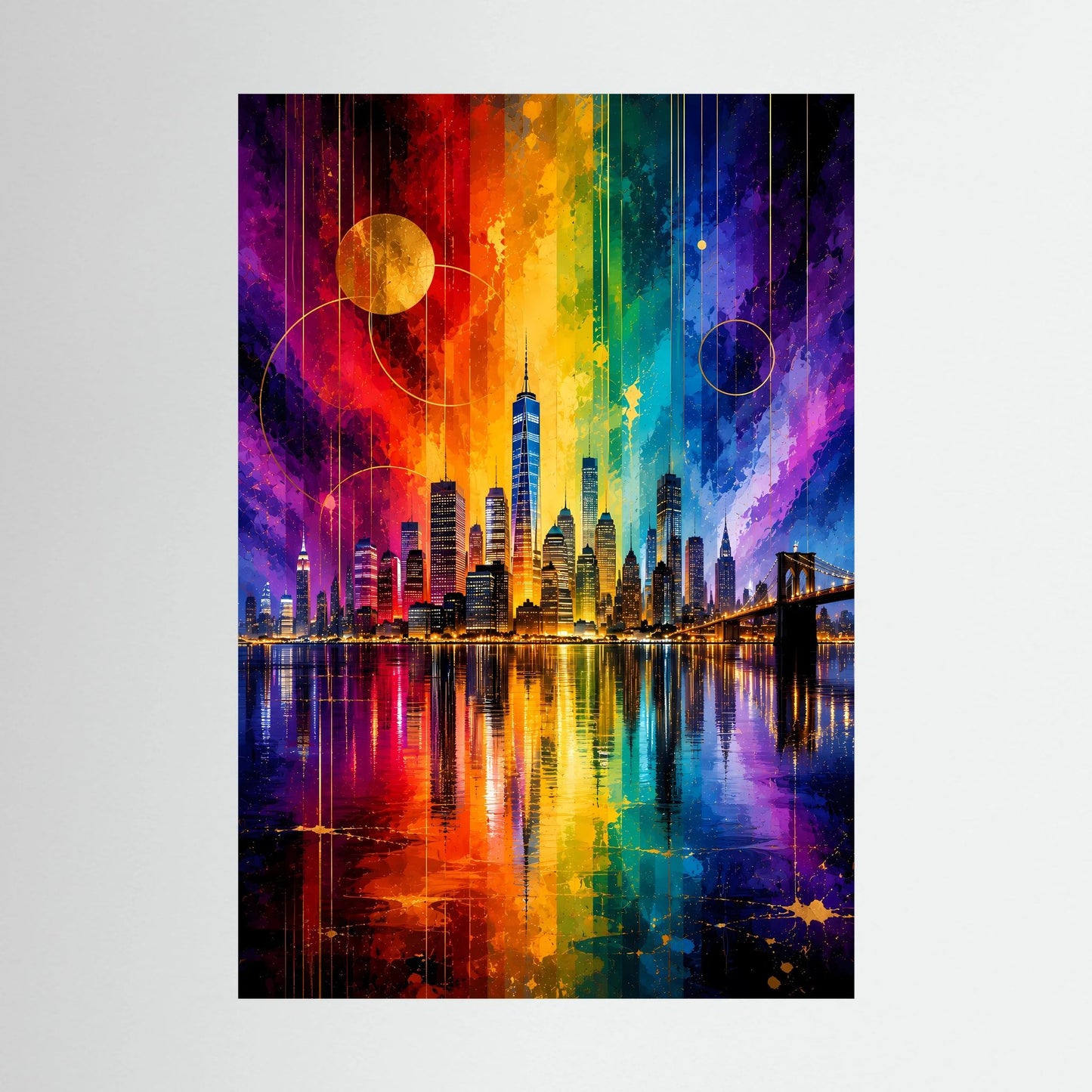 Abstraktes Skyline-City-Poster mit Regenbogenfarben und leuchtenden Reflexionen im Hochformat