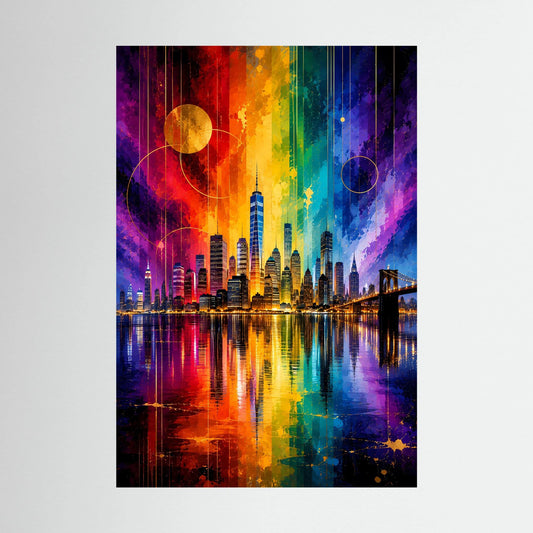 Abstraktes Skyline-City-Poster mit Regenbogenfarben und leuchtenden Reflexionen im Hochformat