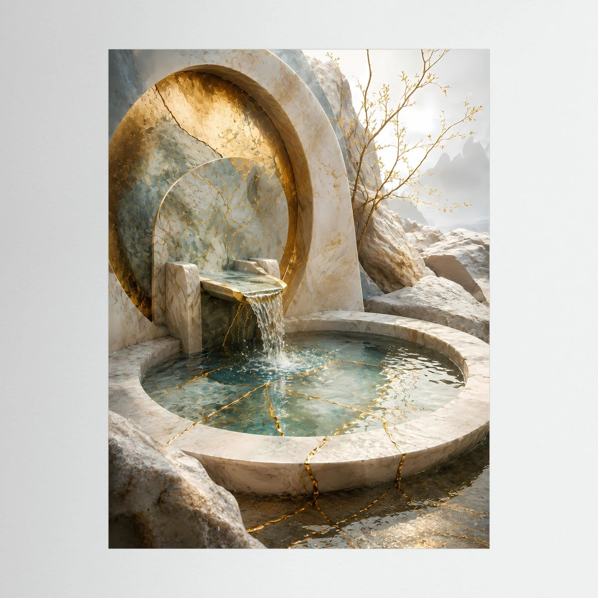 Nahaufnahme-Poster: goldener Bogen über rundem Steinbecken mit türkisfarbenem Wasser