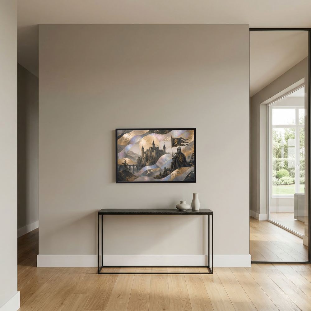 Gerahmtes Poster mit Burglandschaft und goldenen Ornamenten im schwarzem Rahmen