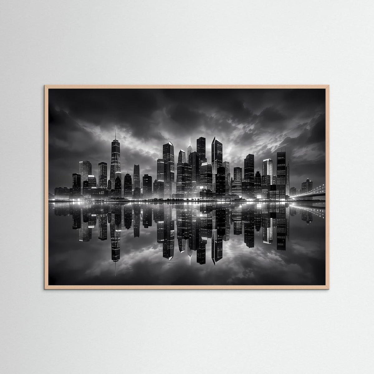 Stadtbild-Poster in Schwarzweiß mit Skyline und Spiegelung; brauner Holzrahmen.