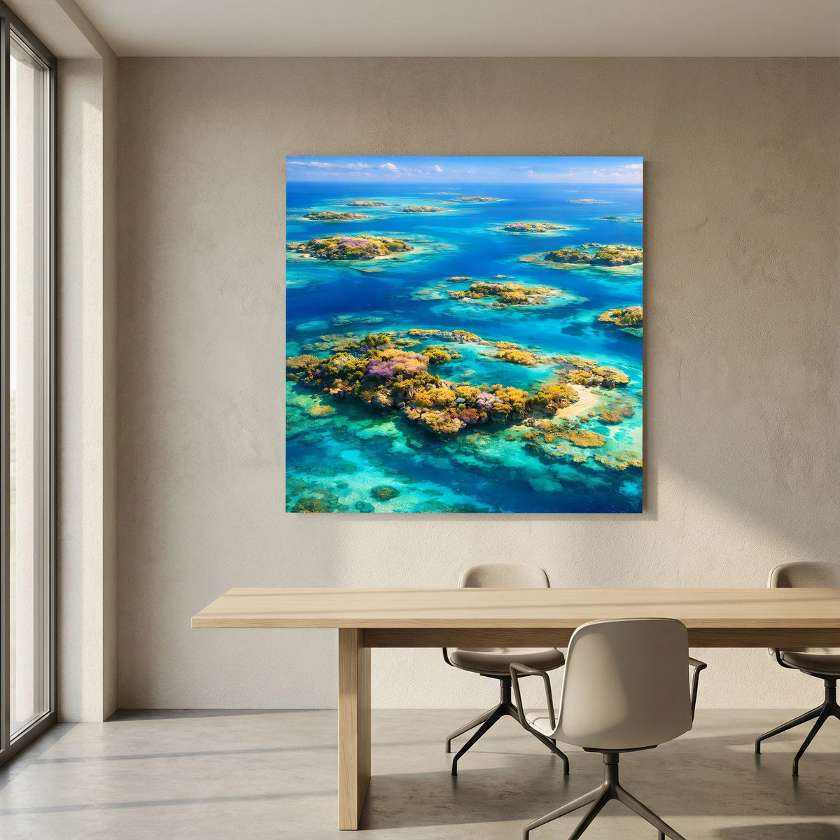 Quadratisches Leinwandbild auf Holzkeilrahmen mit tropischem Atoll und türkisblauem Wasser