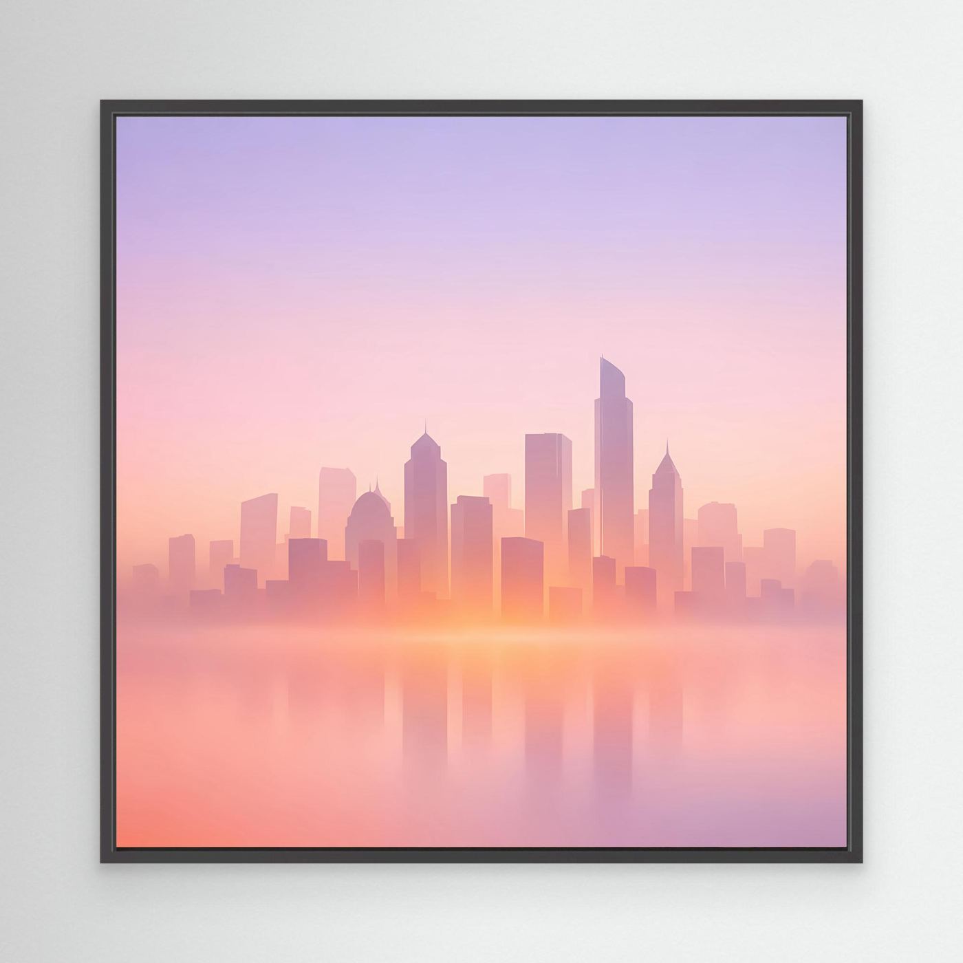 Leinwand-Wandbild Skyline im Pastellrosa, schwarzer Rahmen, mit Dunst und Reflexion