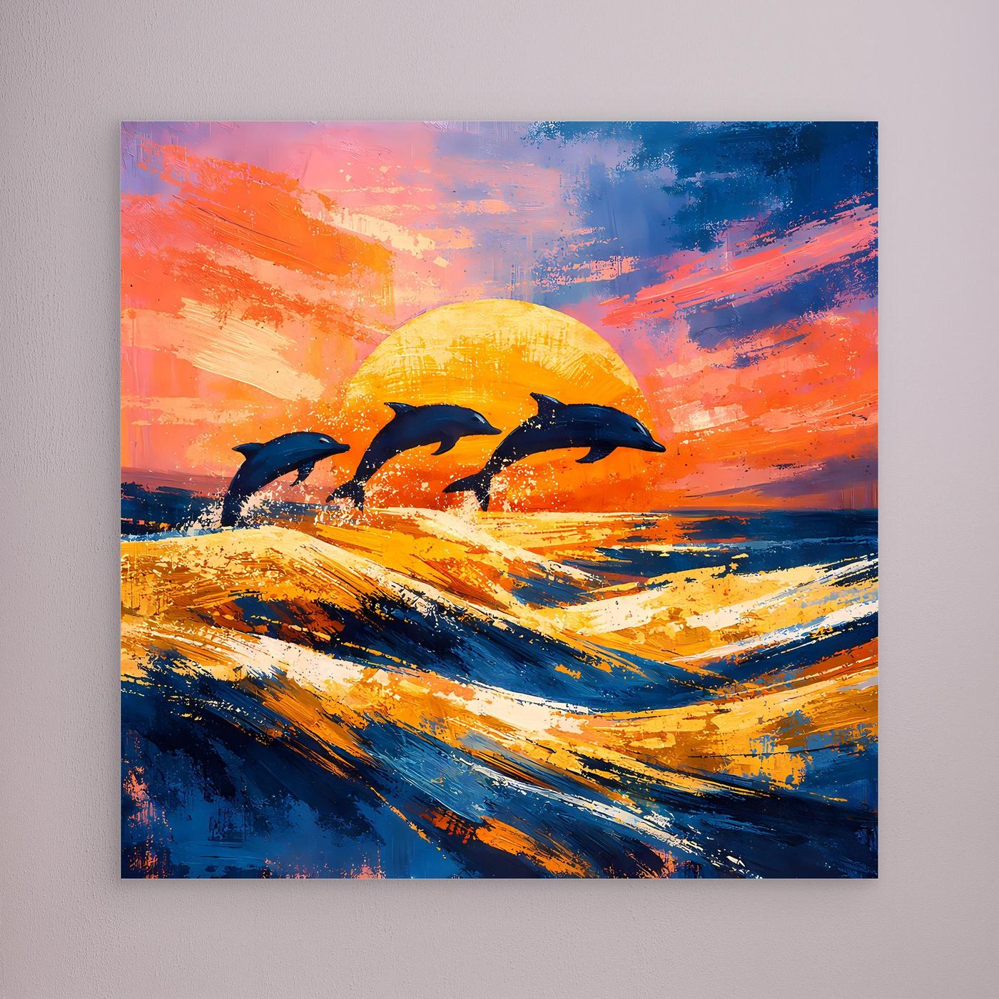 Leinwand Springende Delphine im Sonnenuntergang | Abstraktes Ozean & Meer Wandbild