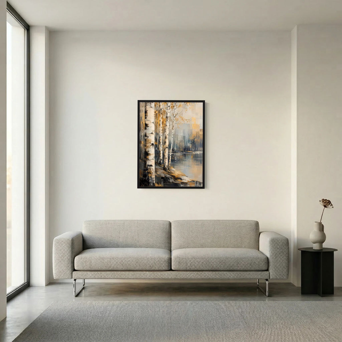 Wandposter mit abstrakter Birkenwald- und Wasserlandschaft, Gold/Beige, schwarzer Rahmen