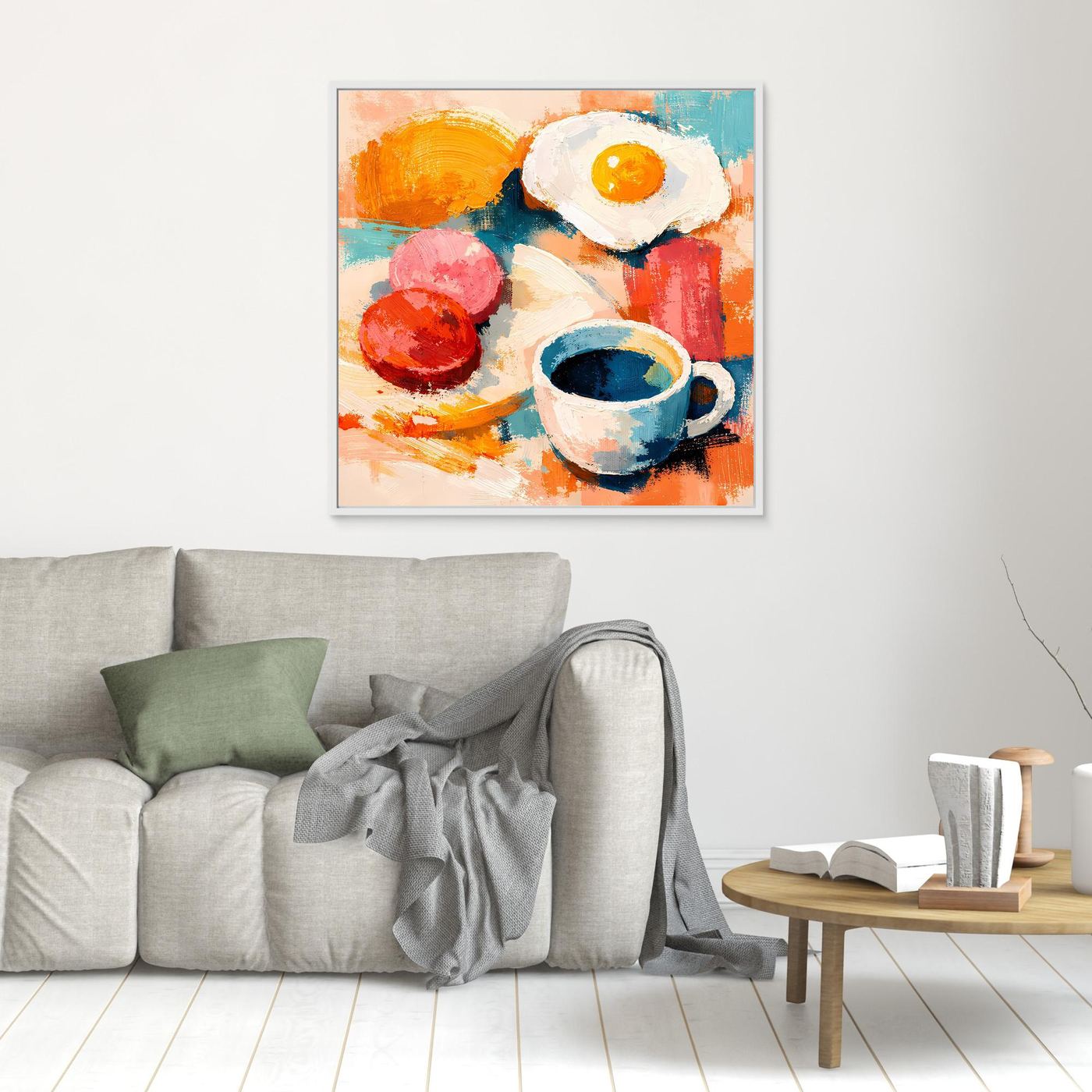 Kleines gerahmtes abstraktes Wandbild mit Spiegelei und Kaffee-Tasse, Rahmen in hellen Blau-Tönen