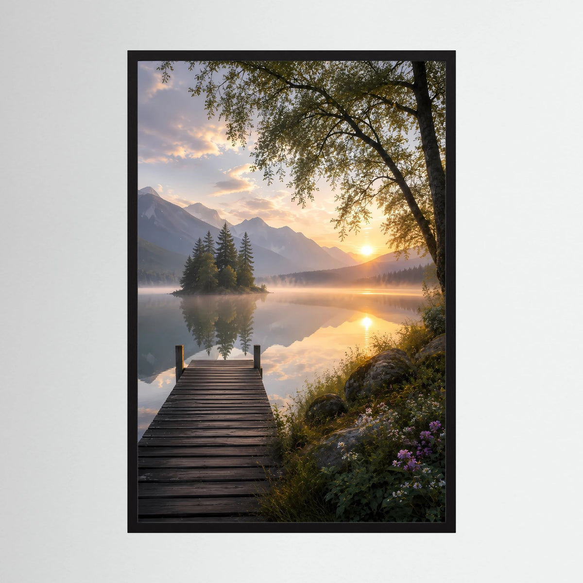 Bergsee mit Holzsteg | Sonnenuntergang in ruhiger Berglandschaft | Poster Hochformat