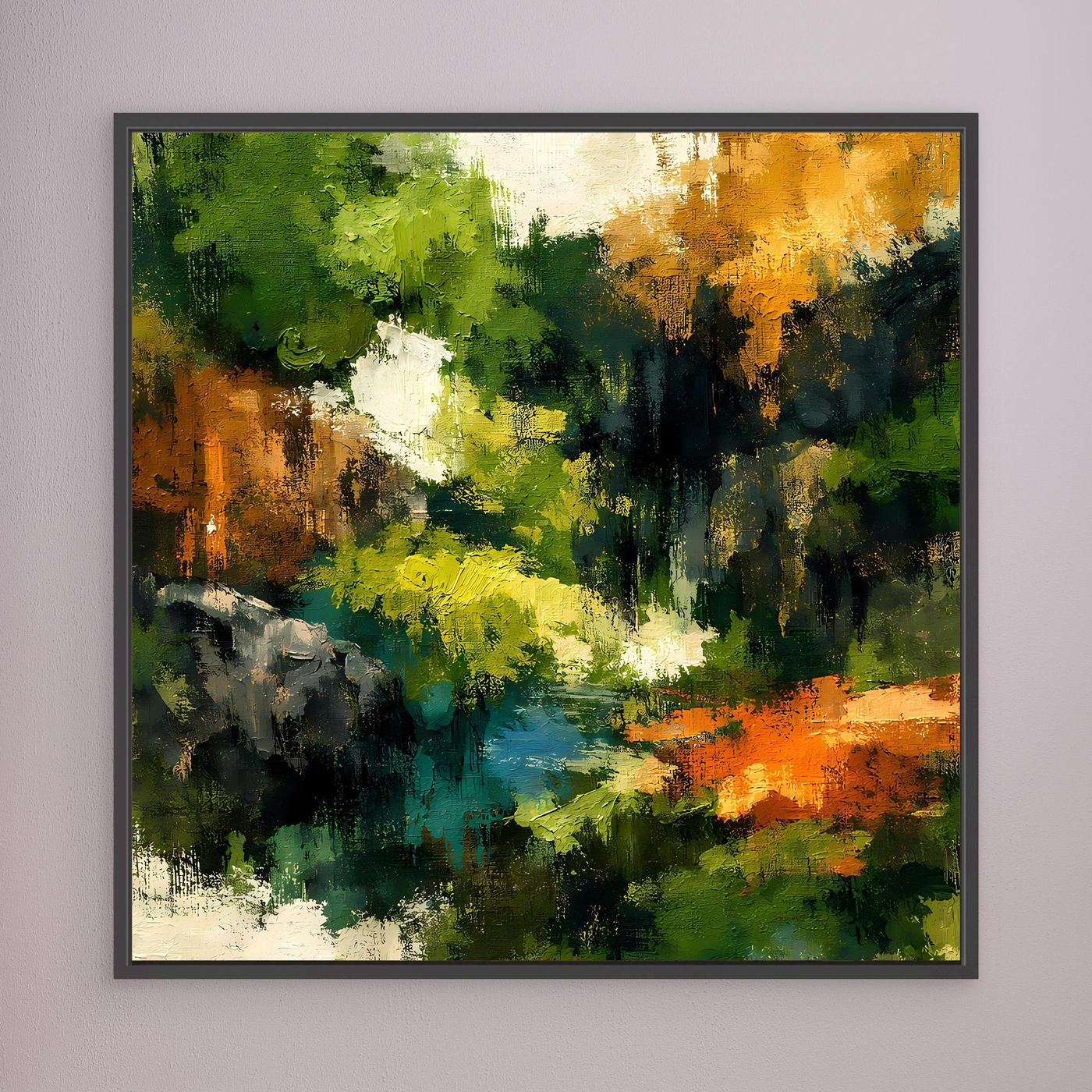 Wandbild mit abstrakter Waldlandschaft, schwarz gerahmt, grüne und gold-orange Farbflecken