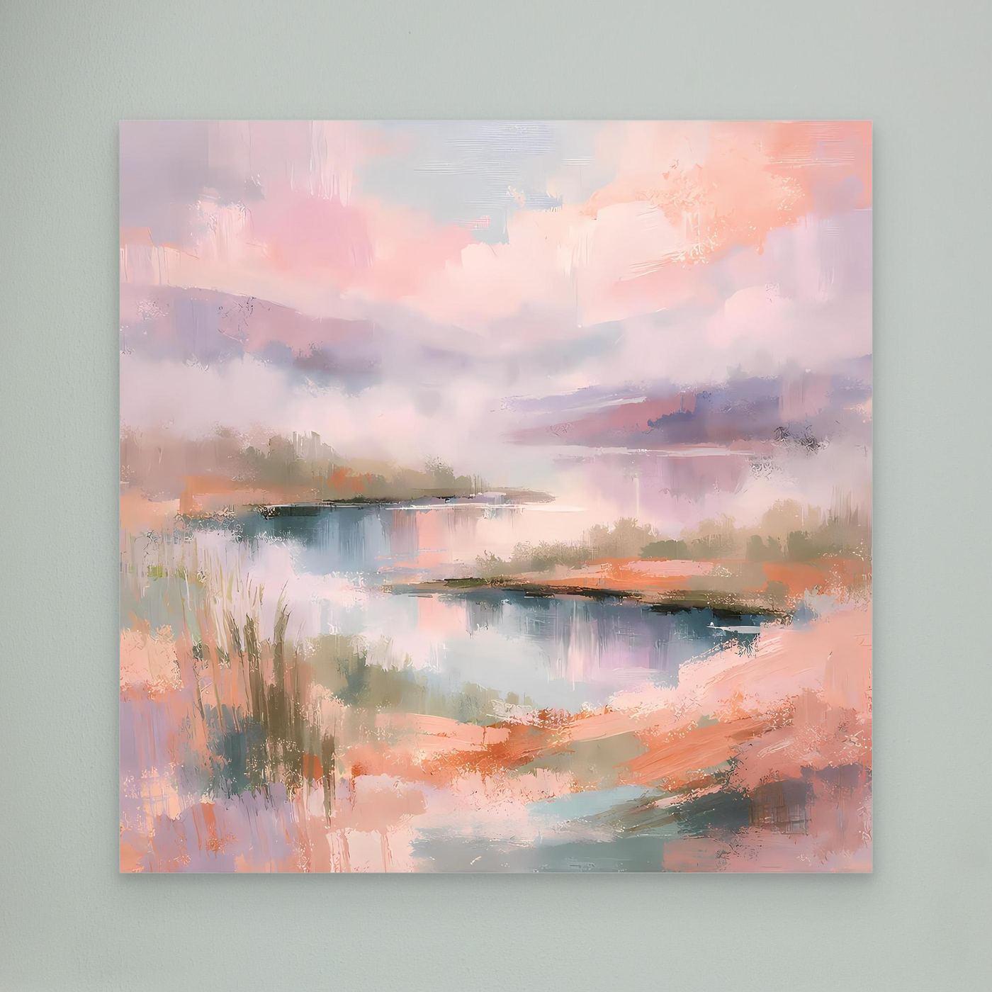 Abstraktes Leinwand-Wandbild mit Pastell-See und Ufer, ohne sichtbaren Rahmen