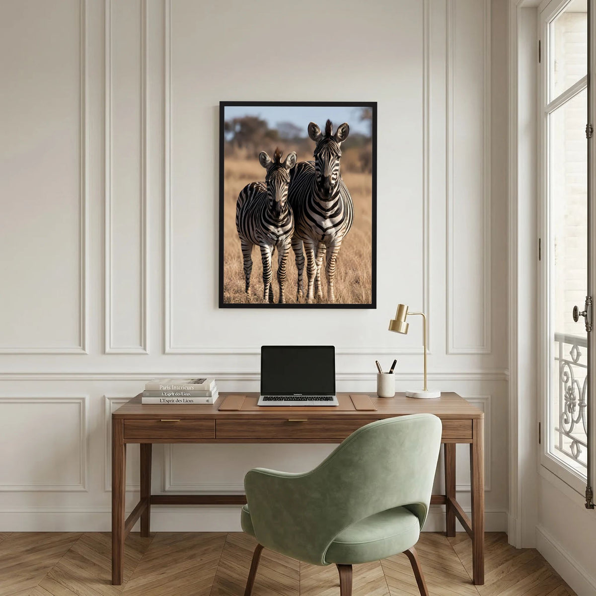 Poster mit Zebramutter und Jungtier, Hochformat, schwarz gerahmt