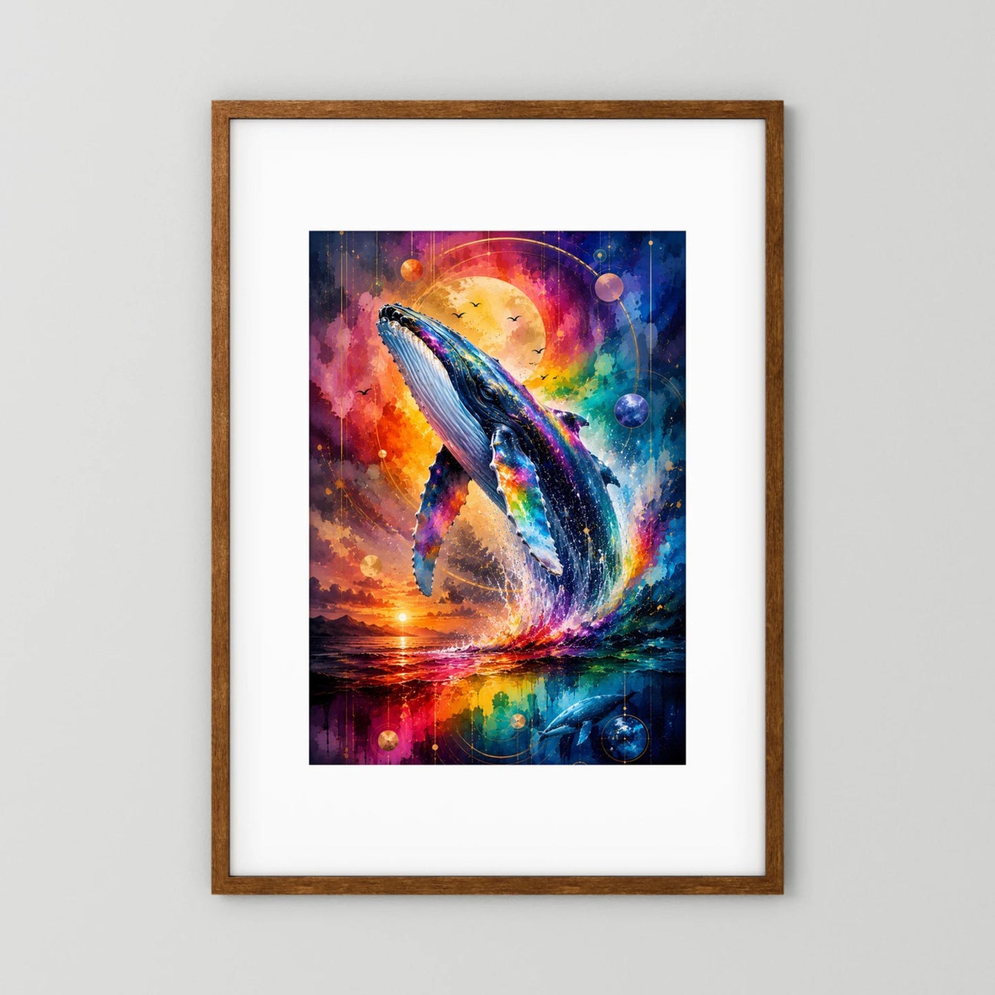 Poster Hochformat mit Rahmen aus dunklem Holz und Walmotiv in Regenbogen-Galaxie