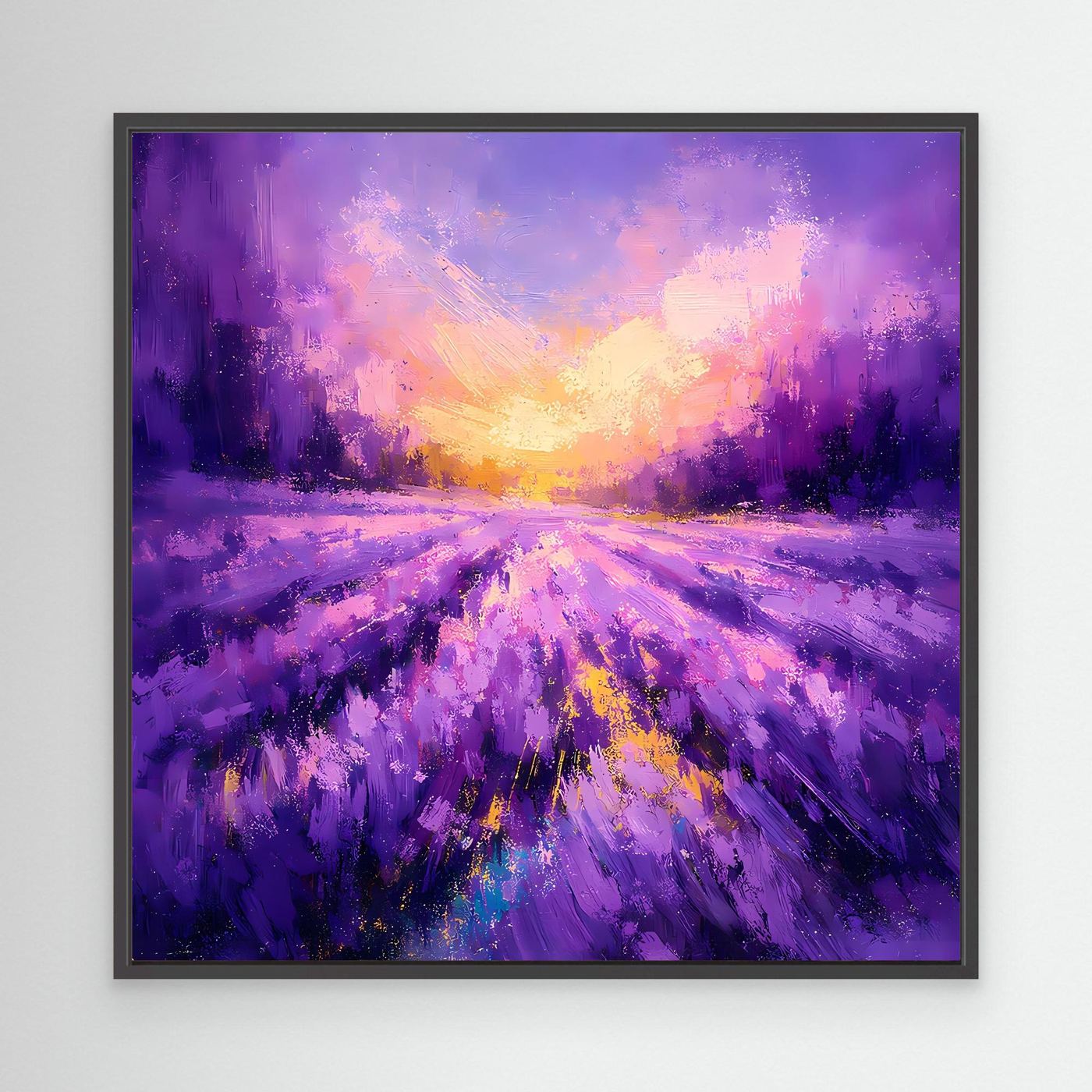 Leinwand-Wandbild mit violettem Lavendelfeld und goldenem Sonnenuntergang, schwarzer Rahmen