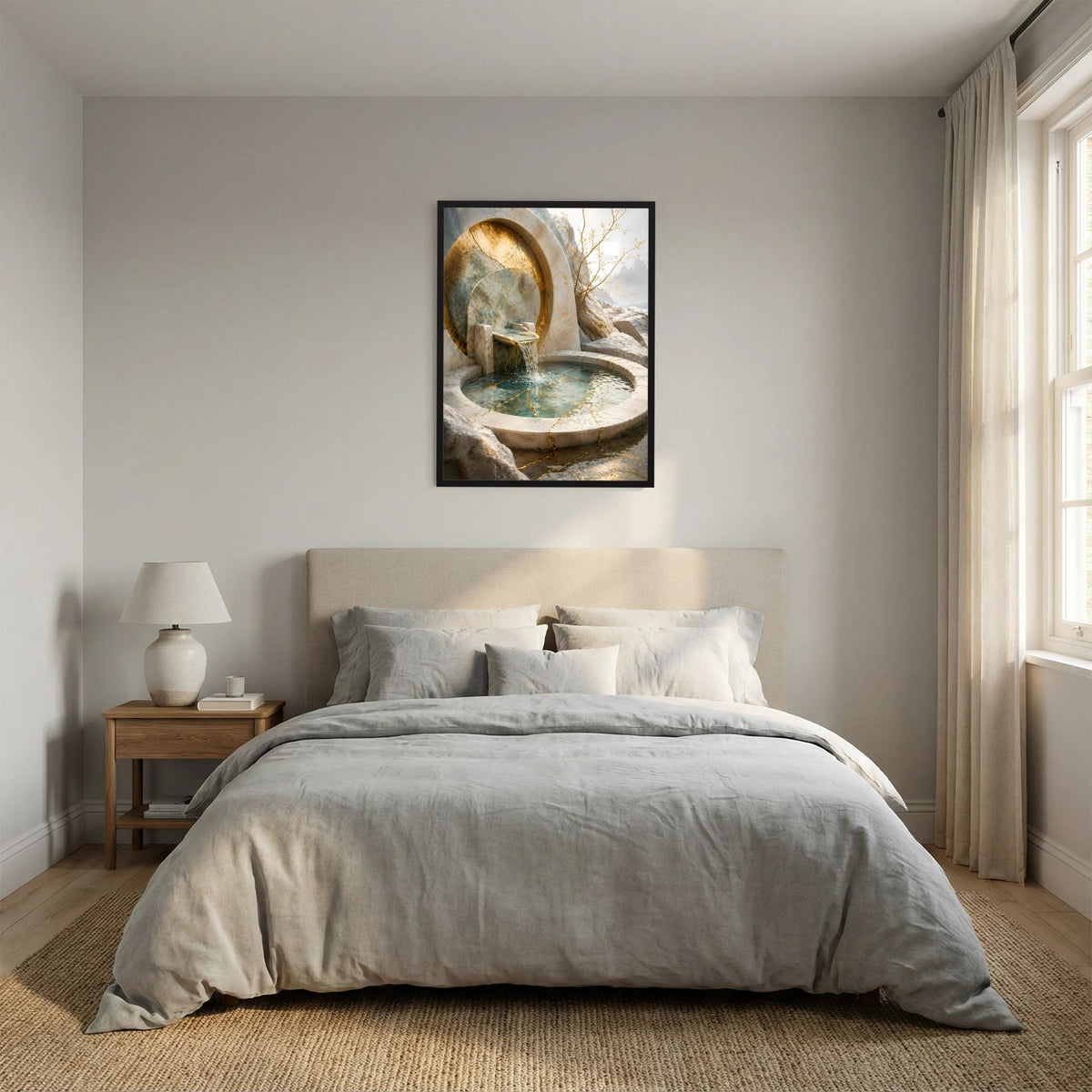 Hochformat-Poster: goldener Brunnenbogen, Steinumrandung und türkisfarbenes Wasserbecken