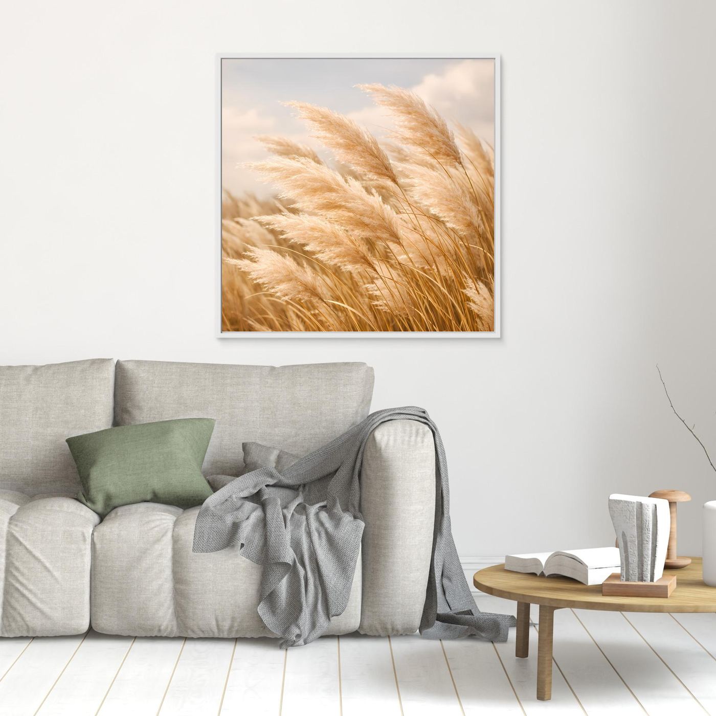 Quadratisches Leinwandbild mit wehendem Pampasgras, weiß gerahmt