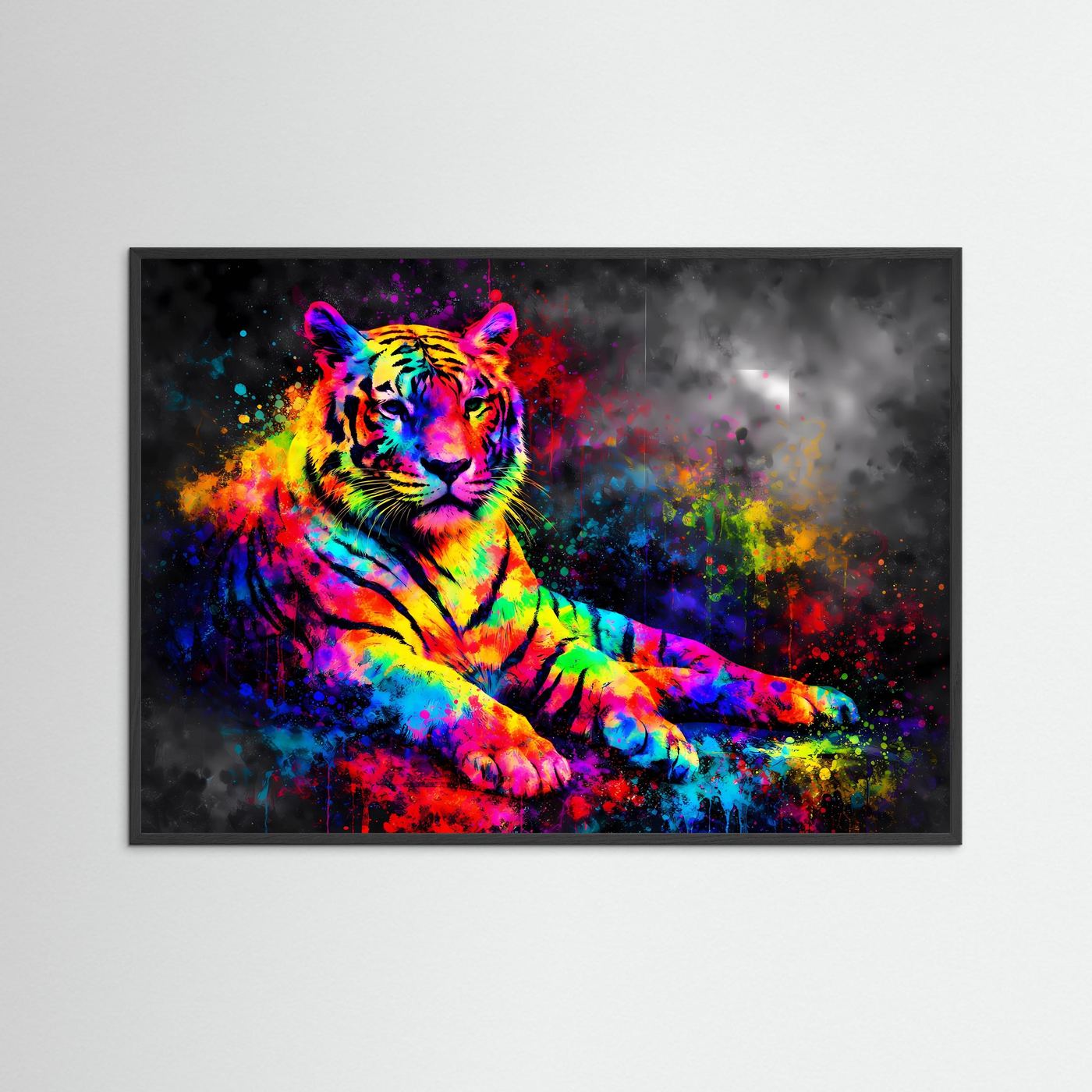 Neon-Graffiti-Tigerposter im Querformat mit schwarzem Rahmen