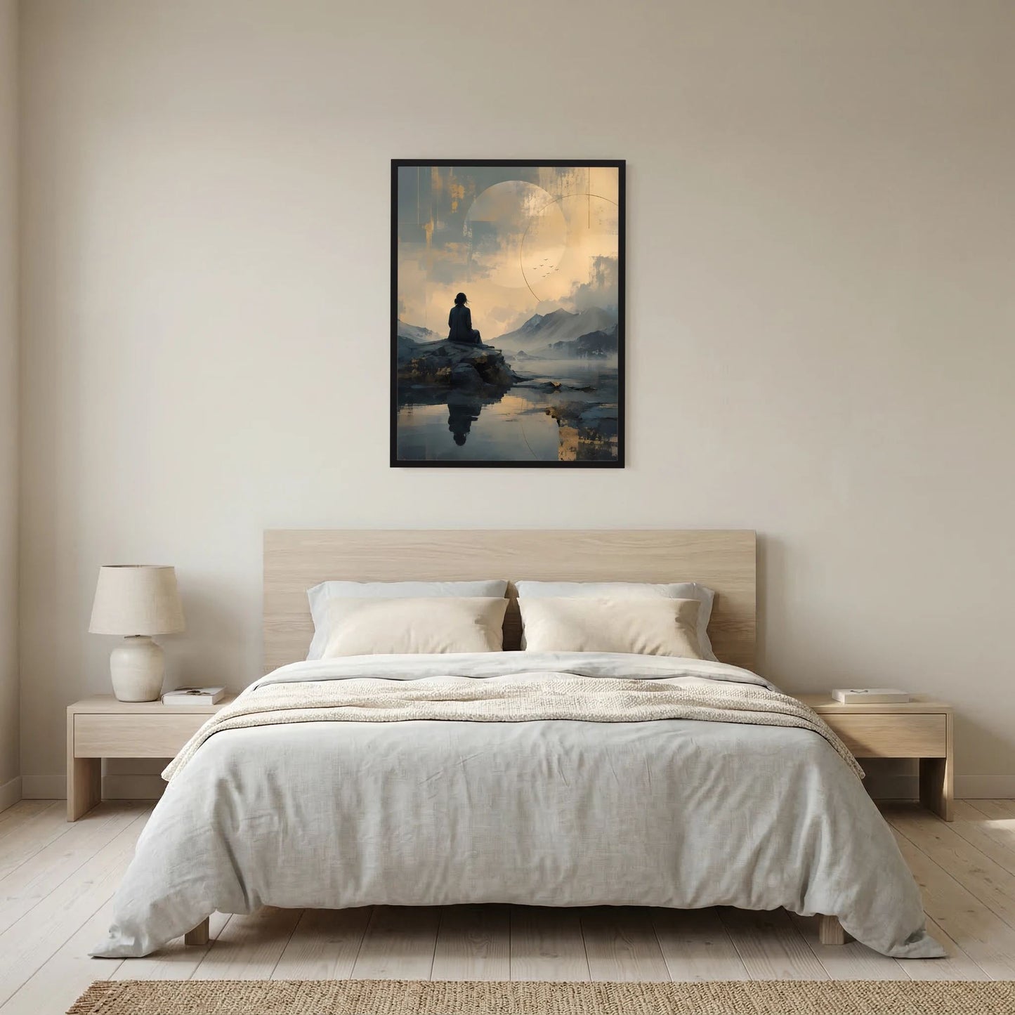 Gerahmtes Hochformat-Poster: Meditierende Figur auf Fels im See, Berge und gold-grauer Mondhimmel.