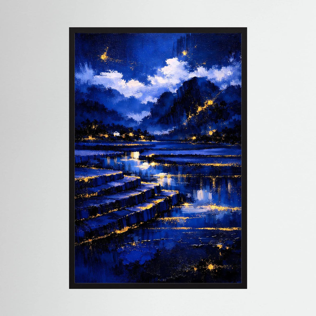 Wandposter Nachtlandschaft in Blau mit goldenen Lichtern, schwarzer Rahmen