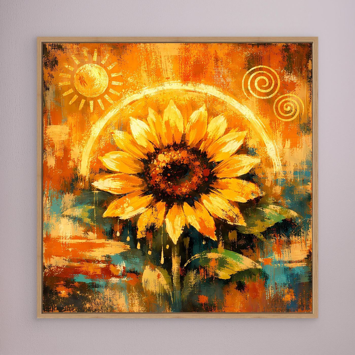 Wandbild mit abstrakter Sonnenblume in Goldtönen, mit beigem Holzrahmen